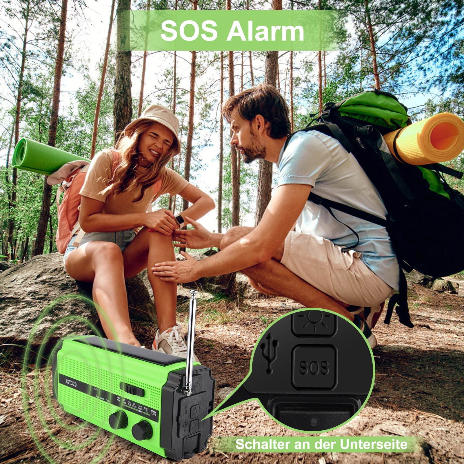 YIKANWEN Radio Solar Portátil, Radio Am/FM con Manivela y Batería Recargable 5000mAh, Linterna LED, Luz de Lectura y Alarma SOS para Camping y Exteriores (Verde)