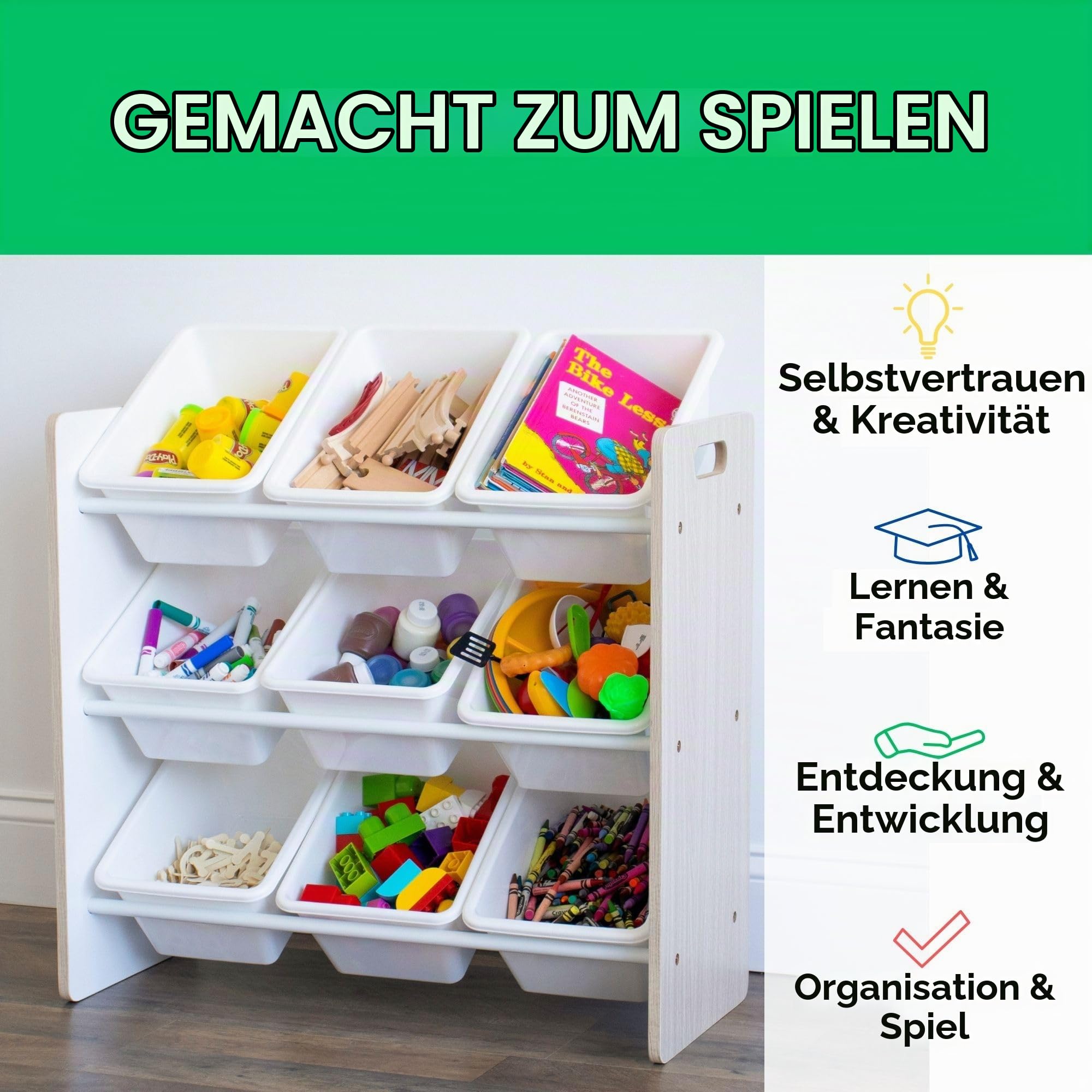 Humble Crew stilvolles Kinderregal in Abgeschliffen/Weiß! 9 Kisten für Spielzeug, ideal für Kinderzimmer. Ordnung mit schickem Design schaffen