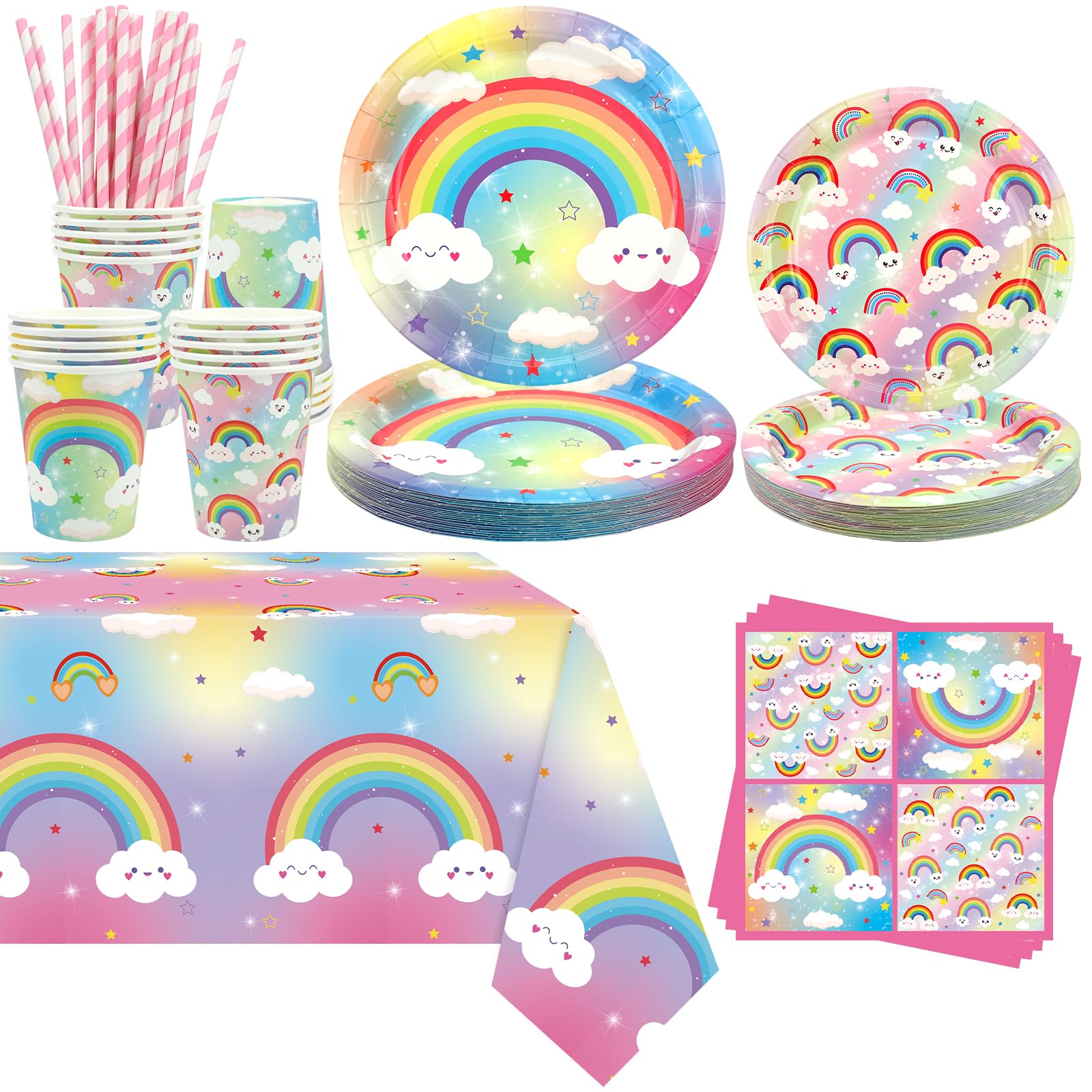 Confetti Arcobaleno per Festa - Set di Decorazioni per Compleanno con Piatti, Tazze, Tovaglioli, Tovaglia, Cannucce - Serve per 20