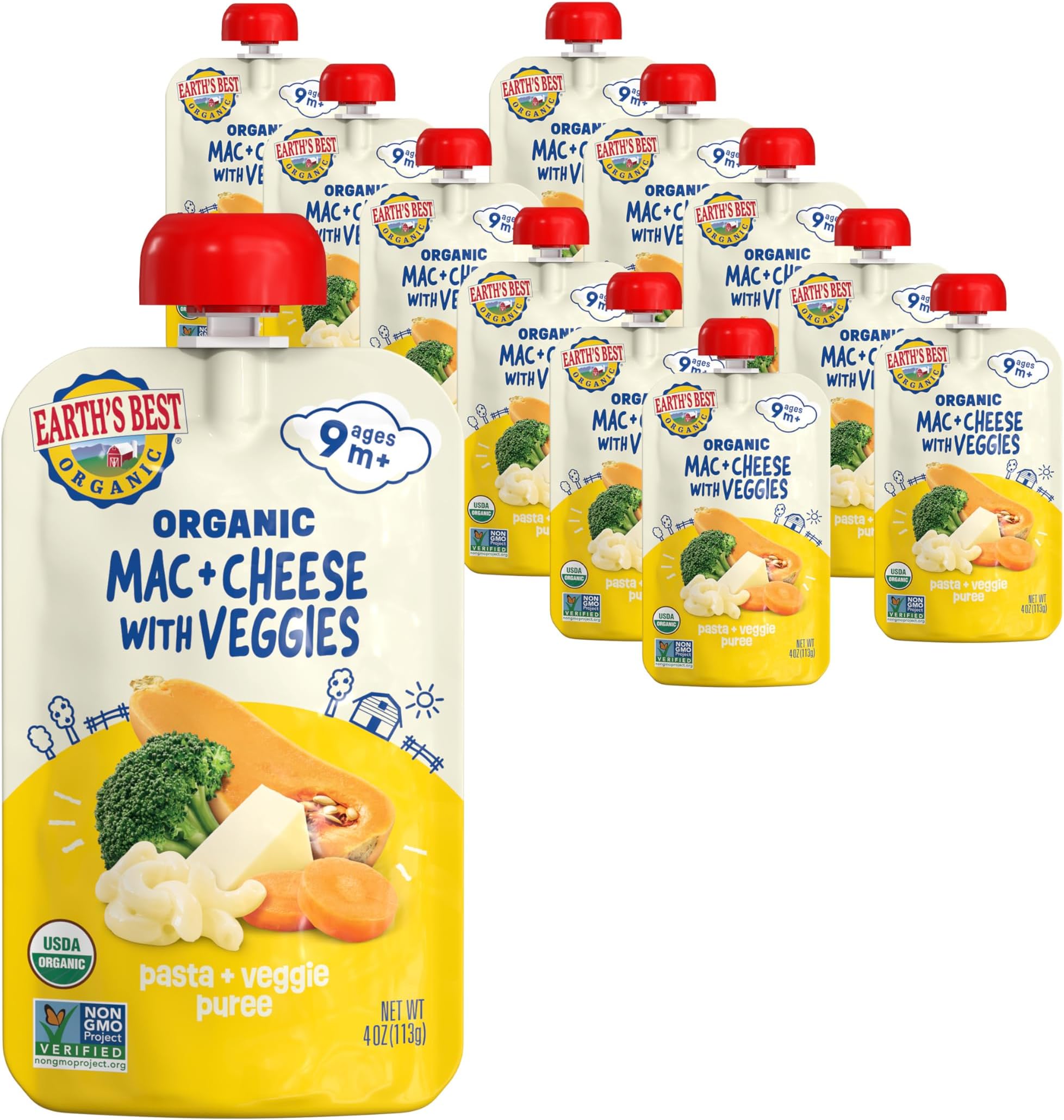 Organic Baby Food Pouches, 9+ Months, Pasta and Vegetable Puree for Babies 9 Months and Up, Organic Mac and Cheese with Veggies, 4 Ounce Resealable Pouch (Pack of 12)
