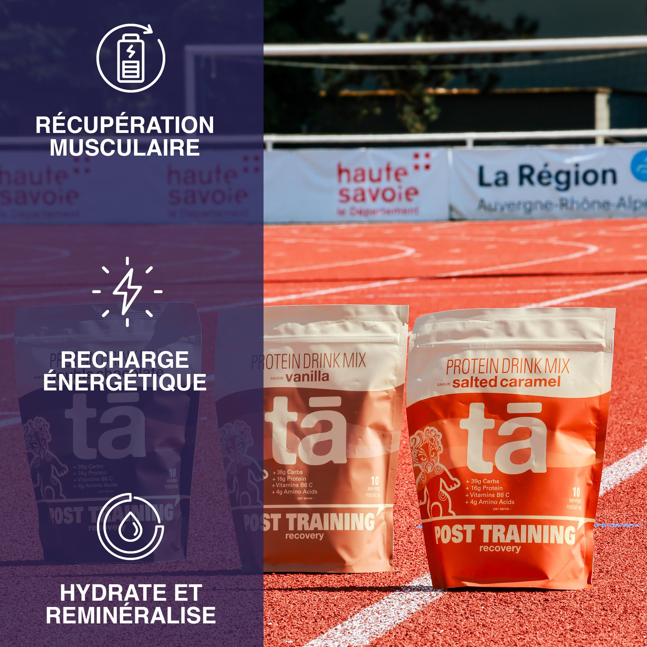 Boisson de récupération TA (Caramel Salé). Riche en Acides Aminés, Protéines, Glucides et Sels Minéraux pour une récupération optimale.