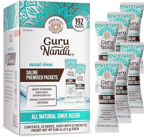 GuruNanda Paquetes de solución salina premezclada para lavado nasal (192 unidades), paquetes de enjuague sinusal totalmente naturales para ayudar