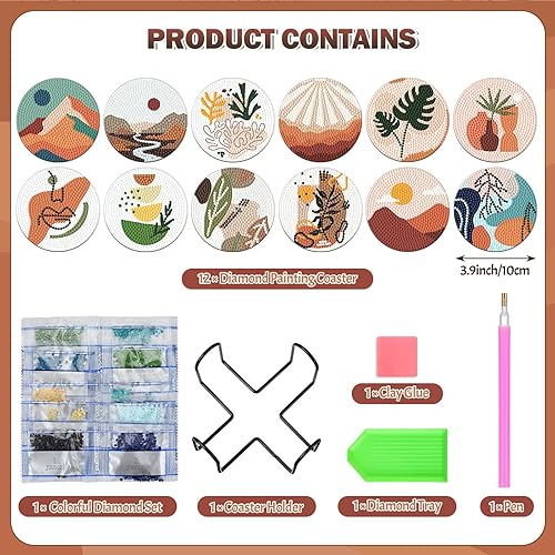 Miniatura 2 de Gejoy 12 posavasos de pintura de diamantes con soporte, kit de pintura abstracta de diamantes para bricolaje, posavasos de arte de diamantes para