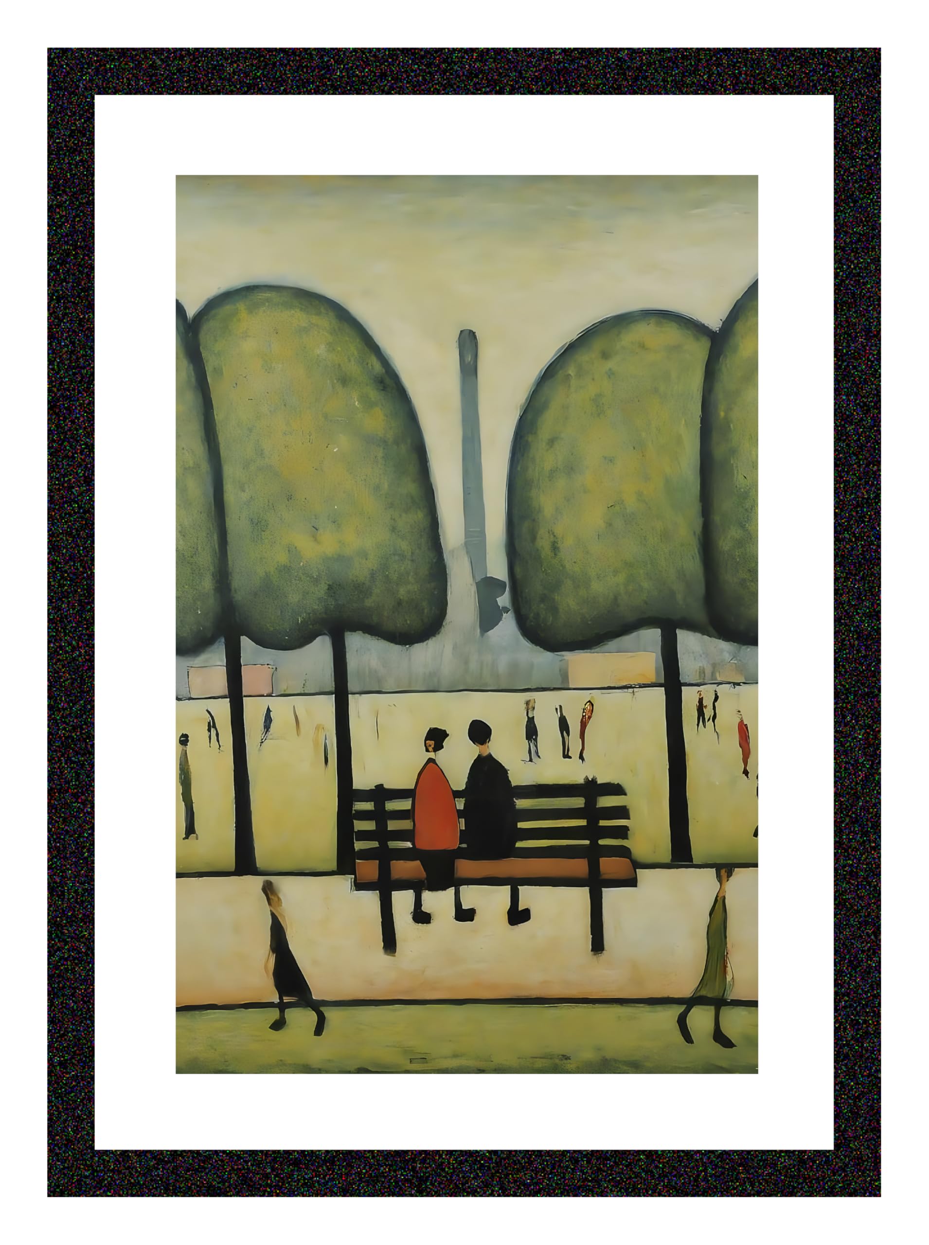 Greetingles Lowry-Style Framed Print. Beautiful Black Ash Frame (Lowry, PT Sitting On A Bench), 34L x 24W cm