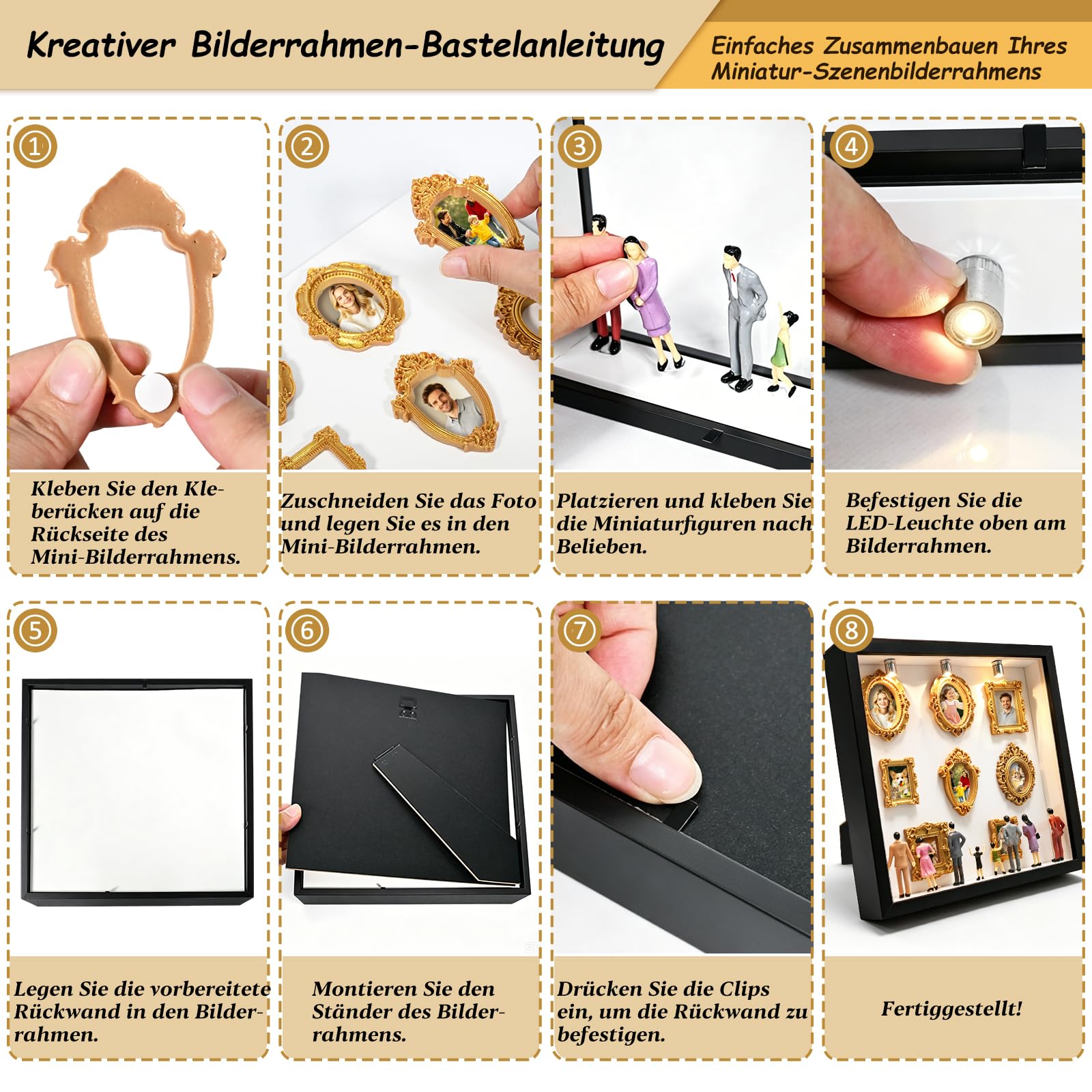DIY Mini Museum Silhouetten Box mit LED, Mini Bilderrahmen Vintage, Shadow Box Bilderrahmen Set, Foto Erinnerungsanzeige Set mit 8 Mini-Goldrahmen 8 Figuren für Jahrestag, Hochzeit(Schwarz)