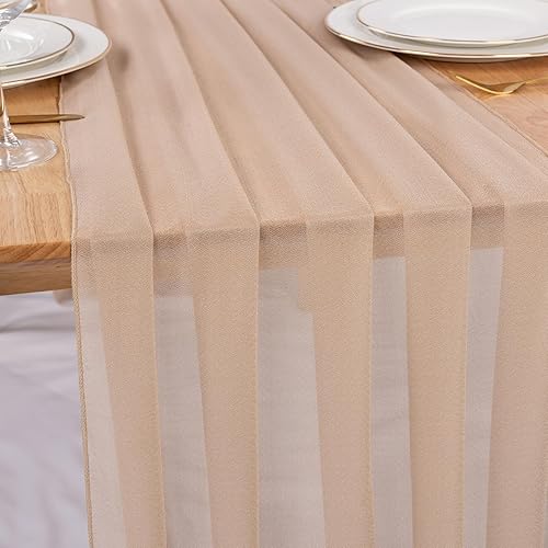 Camino de mesa de gasa champán de 30 x 120 pulgadas, camino de mesa de gasa romántico de 10 pies para decoración de boda, fiesta de cumpleaños,