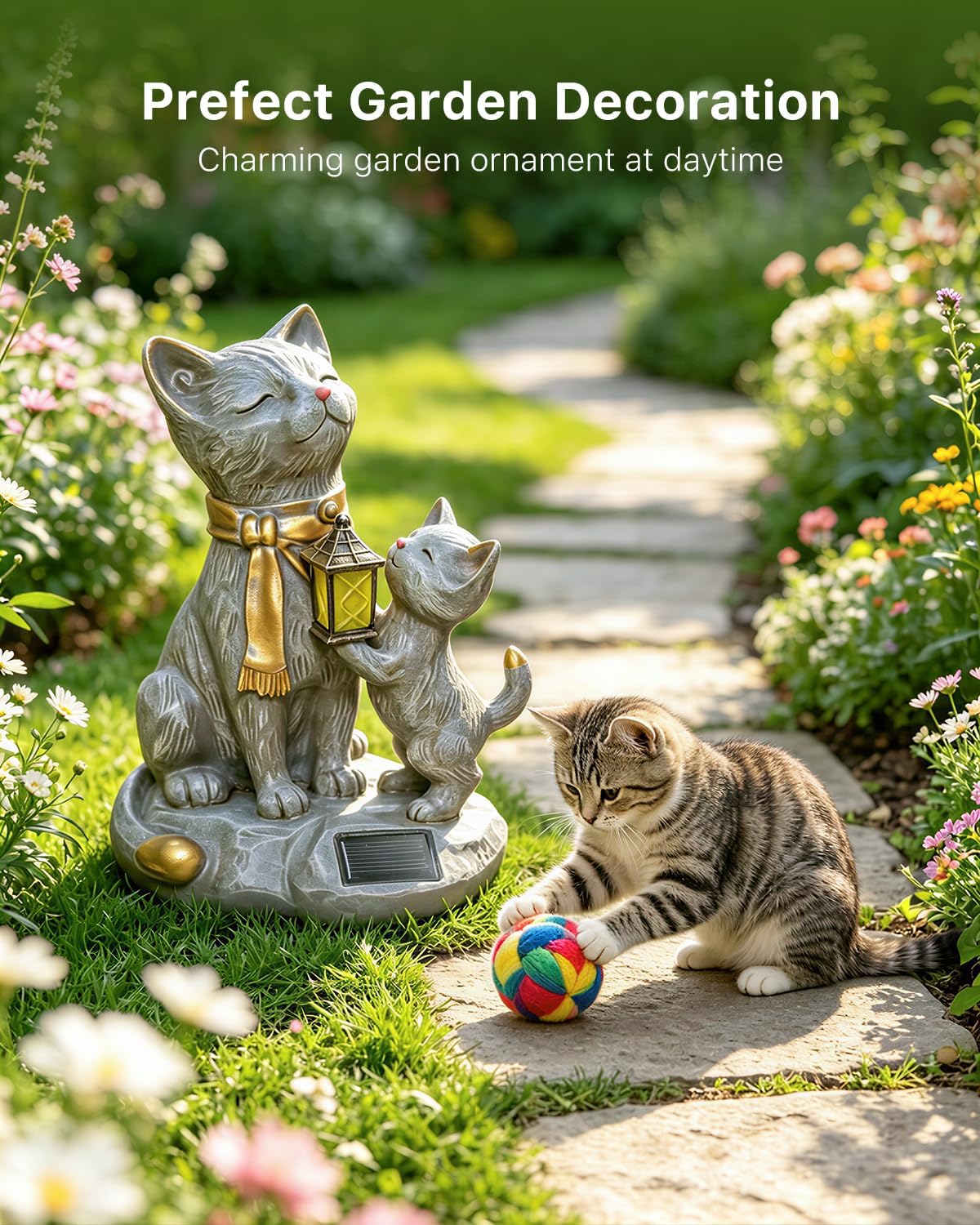 Solar Cat Resin Garden Statues Outdoor Lights with LED Lanterns Waterproof Animal Figurine Outside Decorations for Yard, Patio, Porch, Balcony Ornaments Unique Gardening Gifts for Mom, Grandma, Women