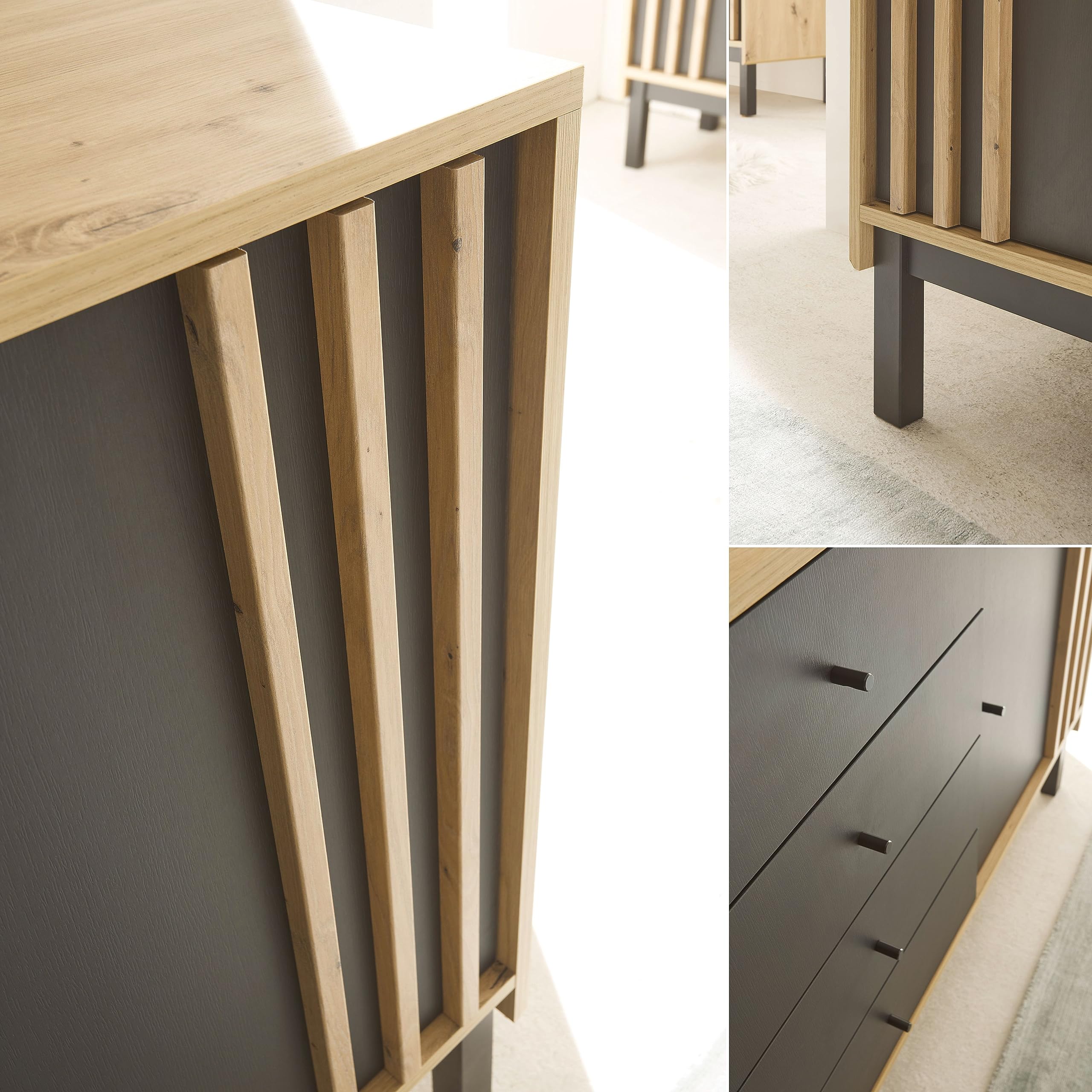 VOLANO TV-Lowboard in Artisan Eiche Optik, Schwarz - Moderner TV Schrank mit Schublade und viel Stauraum für Ihr Wohnzimmer - 156 x 54 x 39 cm (B/H/T)