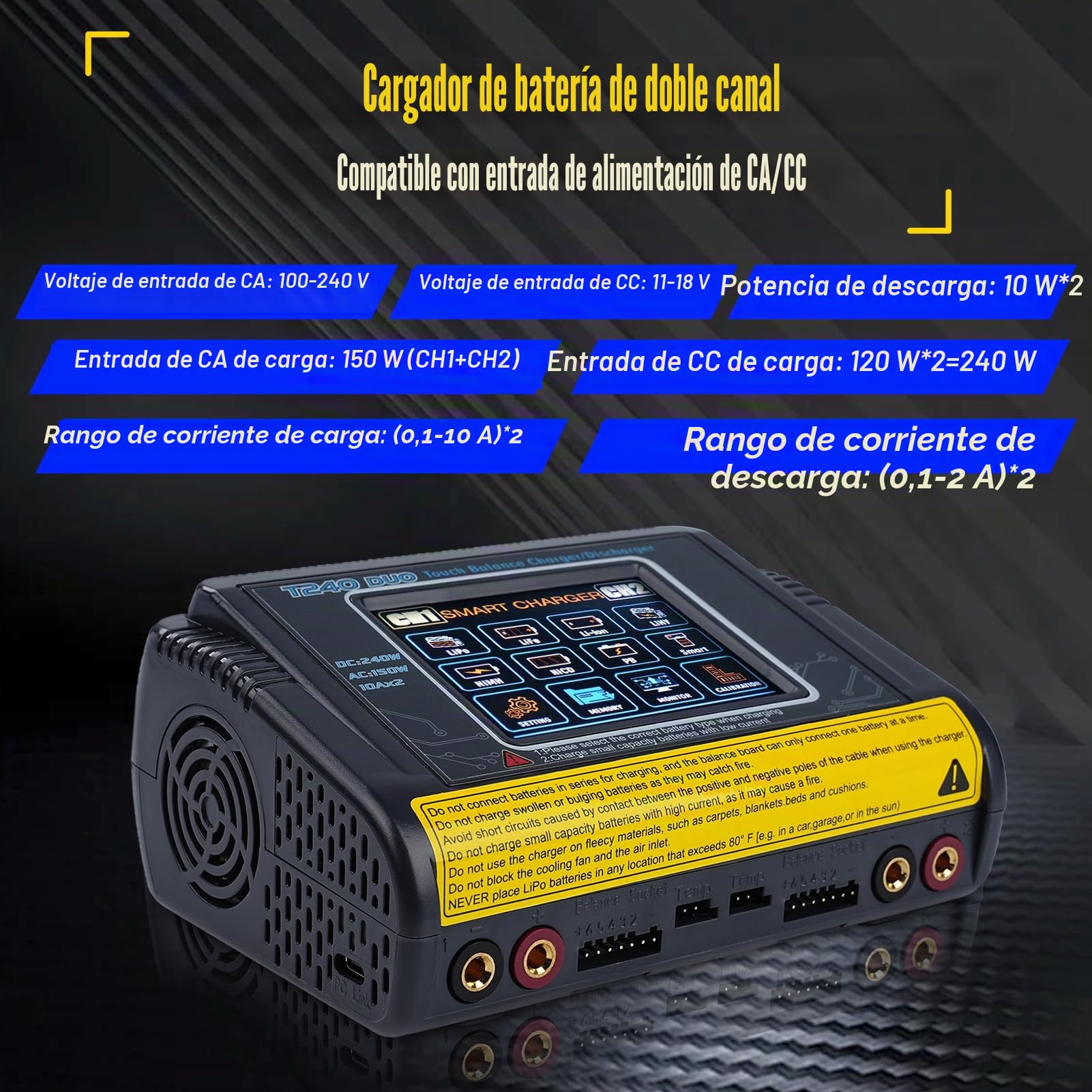 Cargador baterias Coche con equilibrador batería Cargador Dual CC/CA 11-18V 240W CA 100-240V 150W Detección Auto LiPo/Lilon/Life/NiMH/Ni/PB/NiMH Pantalla táctil LCD de 3,2 Pulgadas 10A (T240)