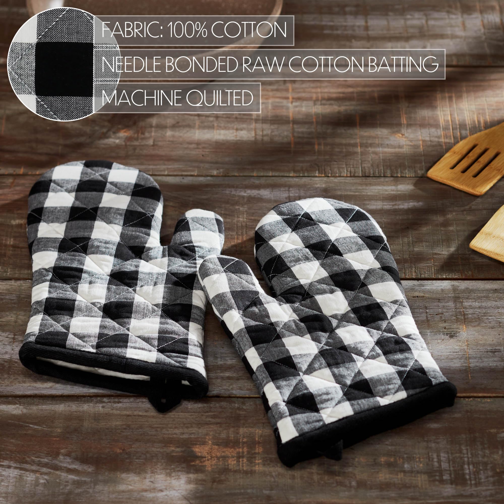 VHC Brands Juego de 2 manoplas de horno de algodón, resistentes al calor, soporte para ollas de cocina, colección Annie Buffalo Check, 12.5 x 8, a cuadros blancos y negros
