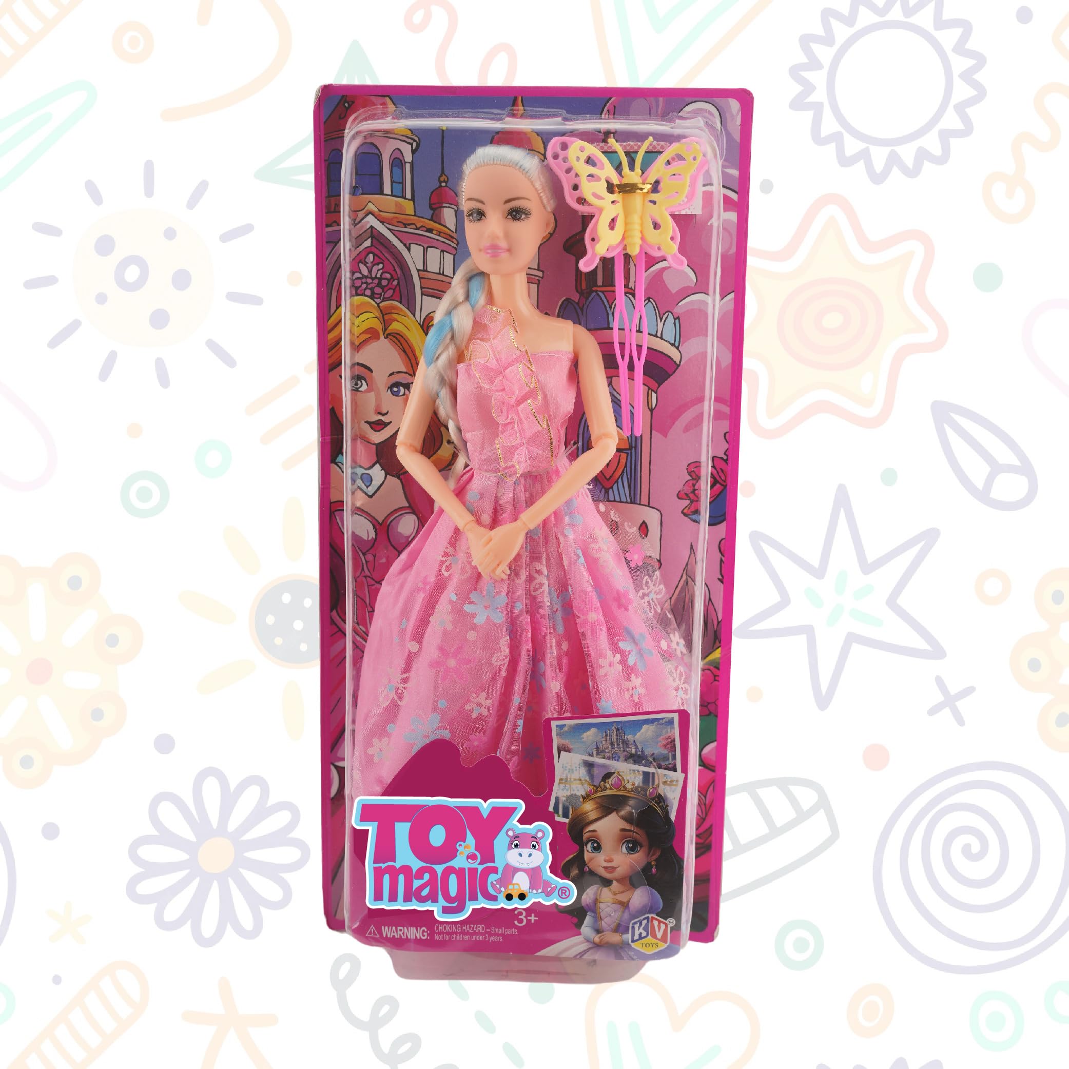 ToyMagic Dolls Princess Suit | Gorgeous Pink Gown, Multicolor Braided Hair & Butterfly Clip | Fully Movable Body for Creative Play | for Kids Age 3+ | Imagination-Boosting Royal Roleplay Toy - Image 6 thumbnail