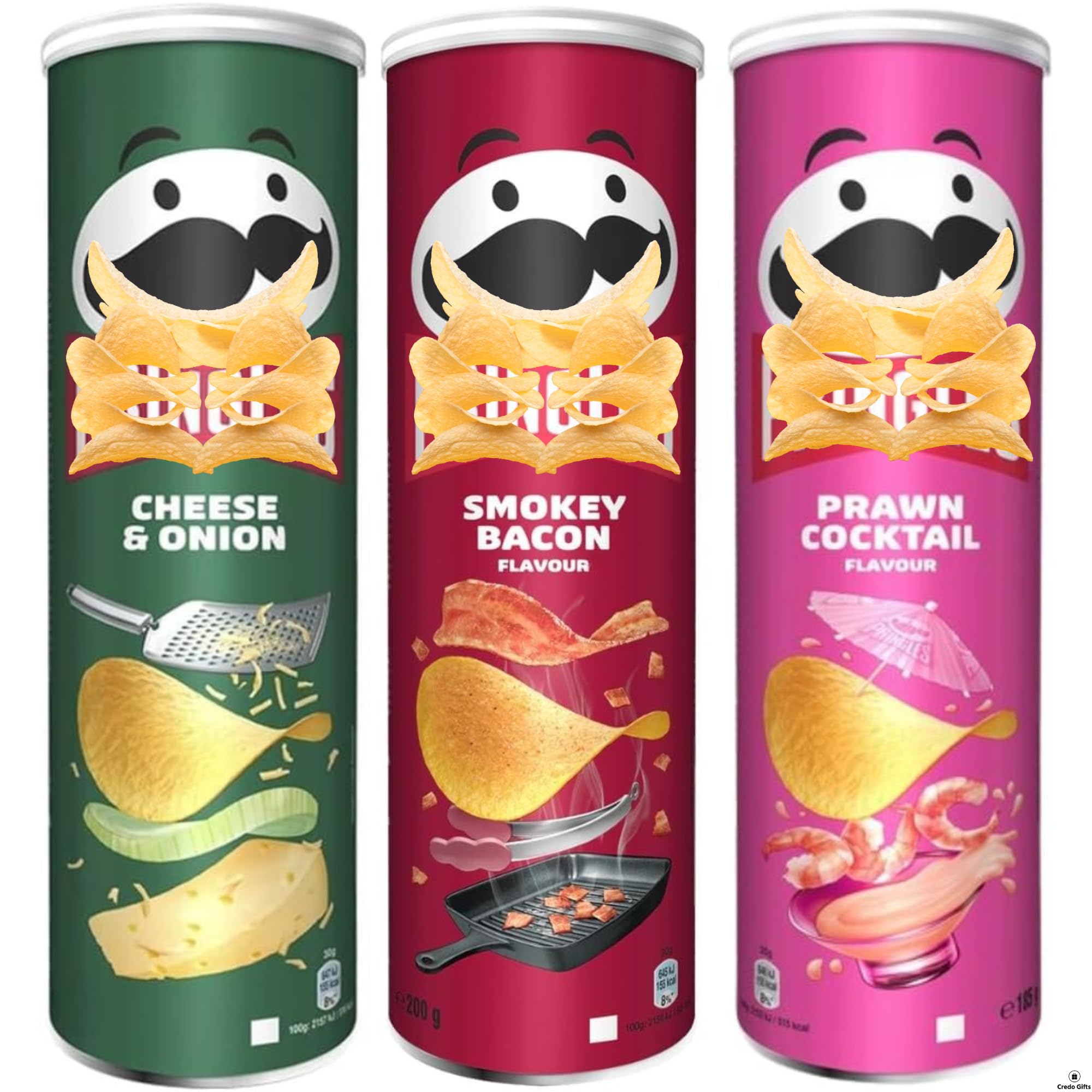Cheese & Onion Sharing Crisps 185g with Prawn Cocktail Flavour & Smokey Bacon Flavour - Bundle Consisting of Pringles x3 185g Packs