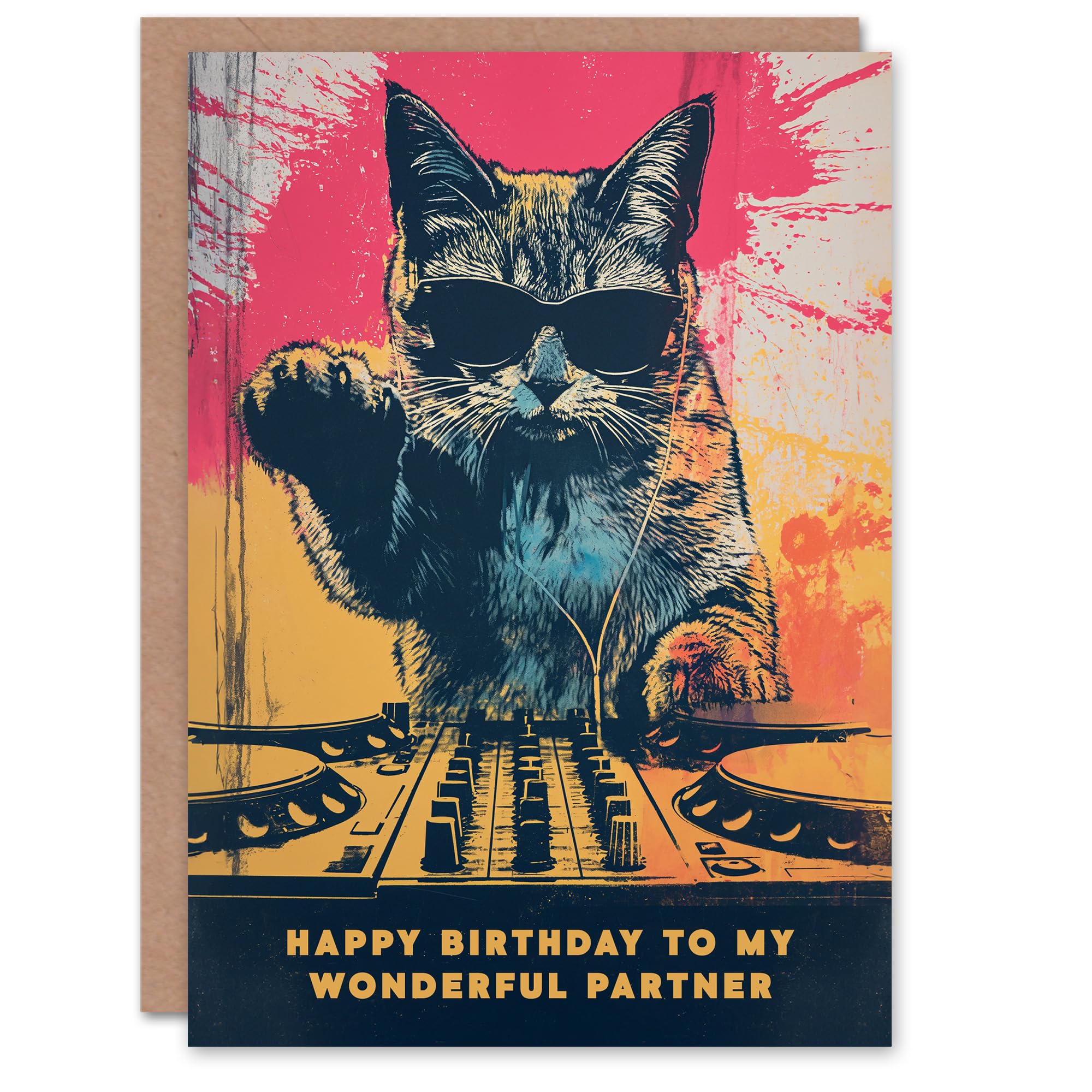 Artery8 Happy Birthday to my Wonderful Partner Grunge DJ Cat Lover Vinyl Decks Records Music Non Binary Gender Neutral Card