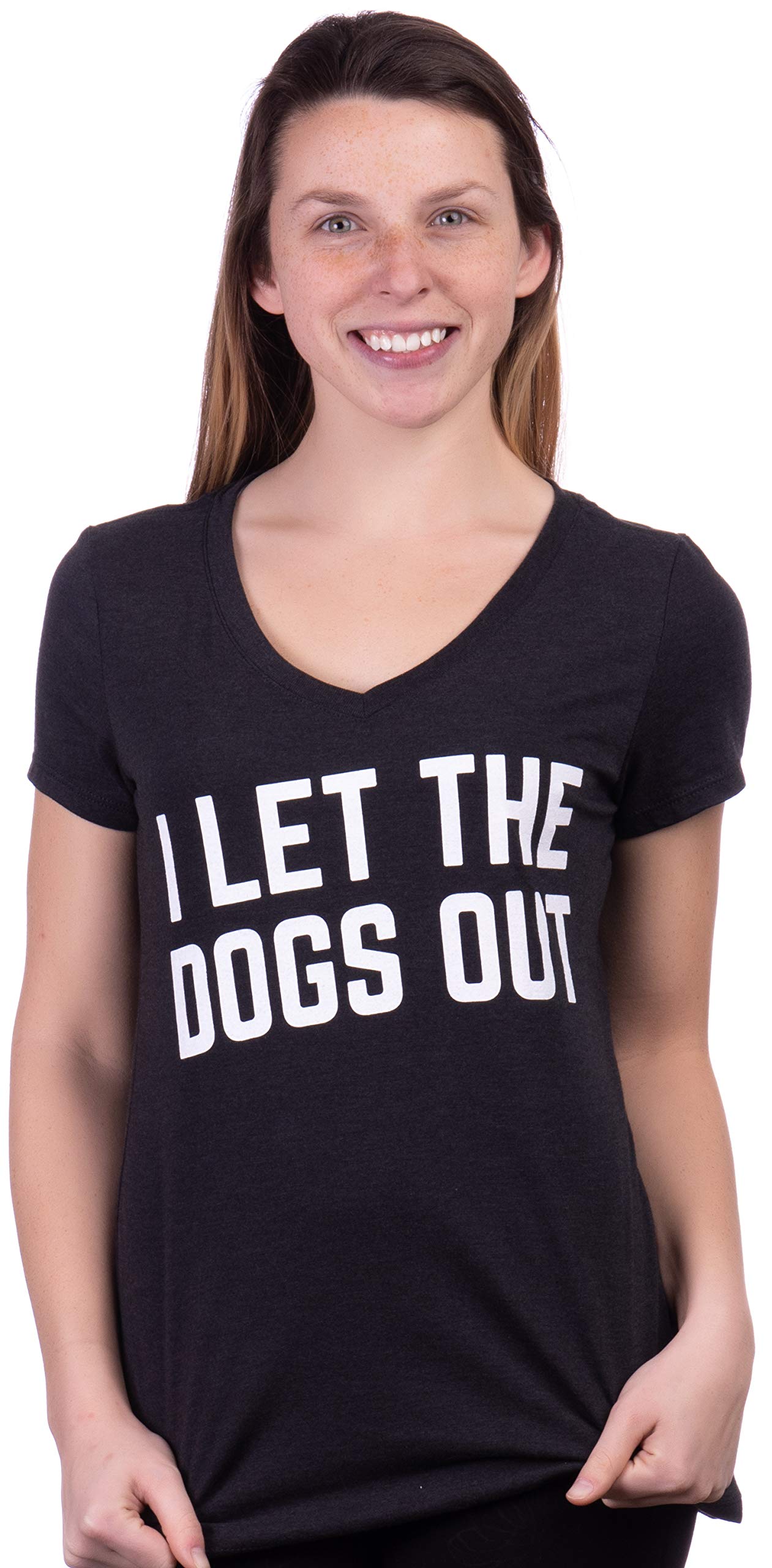 Ann Arbor T-shirt Co. I Let The Dogs Out | Funny Dog Walker Joke Pet Owner Humor Women's V-Neck T-Shirt Top-(Black, L)