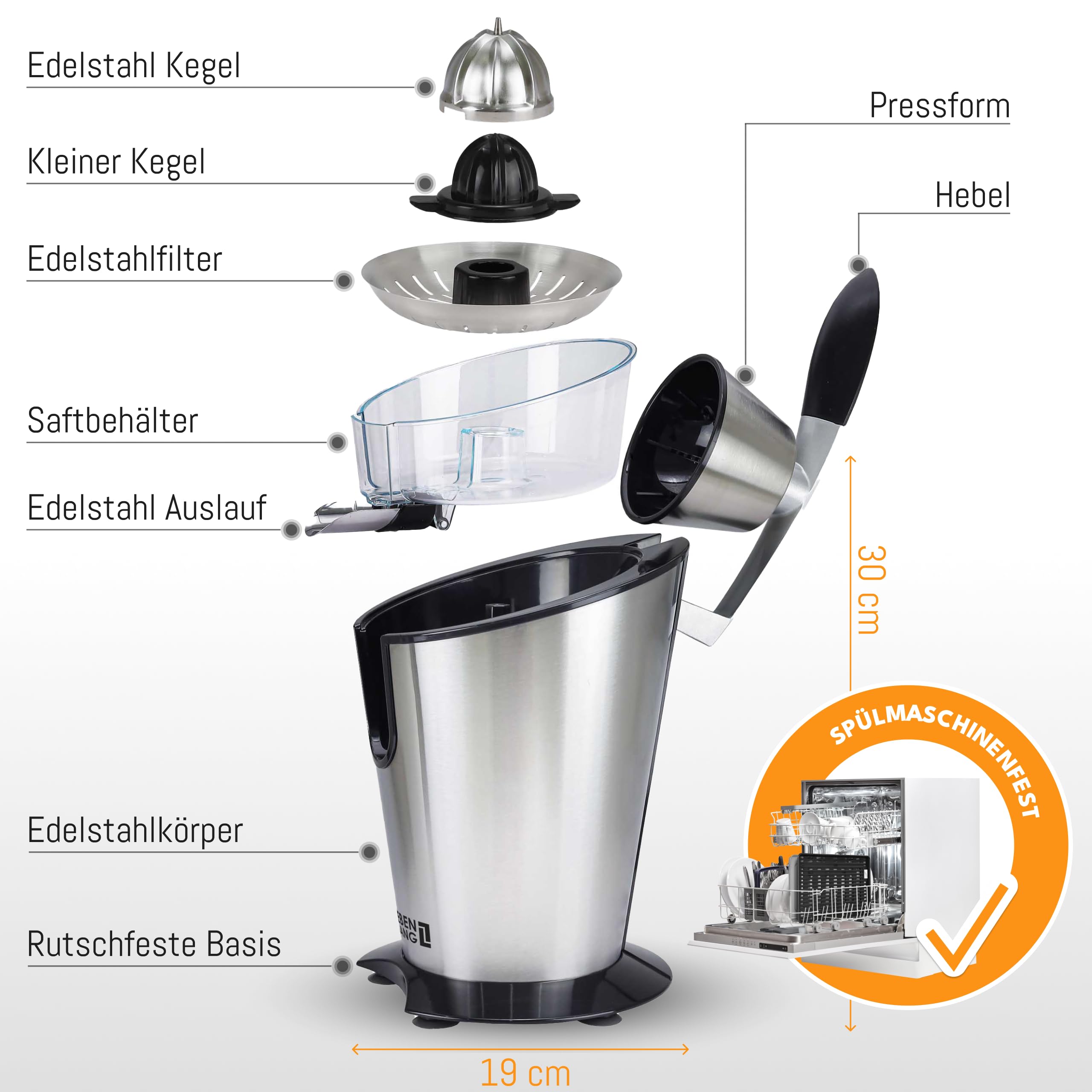 LEBENLANG Saftpresse elektrisch 600W Edelstahlkegel BPA-Frei Orangenpresse Zitruspresse