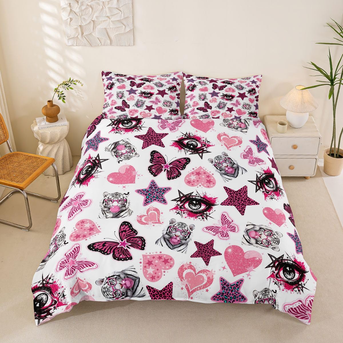 Homewish Set di biancheria da letto super king size con stampa leopardata e stelle e tigre, Y2Ky, motivo: occhi di farfalla, set di biancheria da letto Swetty Love Heart