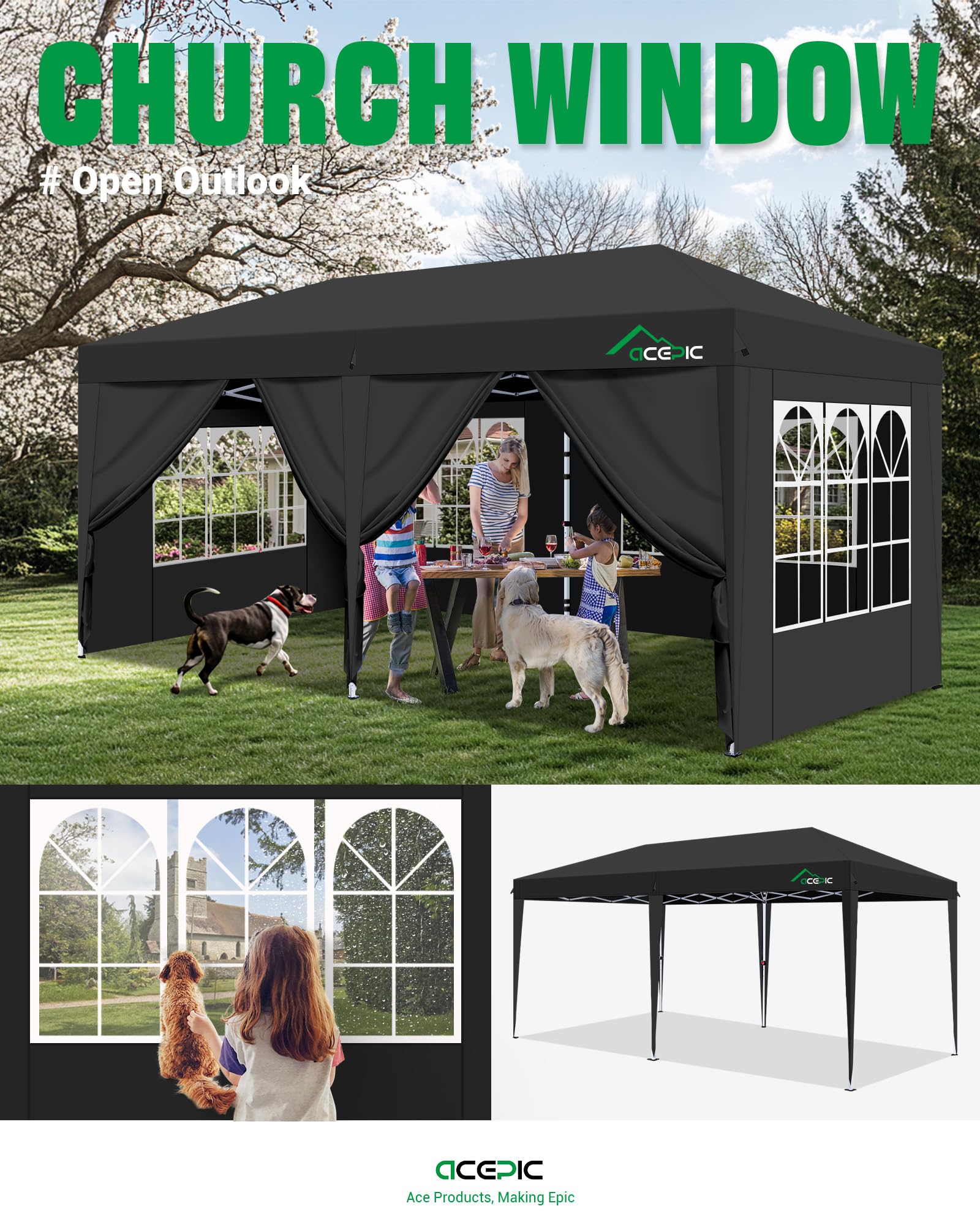 Acepic One-Touch Pop Up Pavillon 3x6 Wasserdicht Stabil Winterfest (Weiß) | mit 6 abnehmbaren Seitenwänden, UV 50+, Partyzelt für Garten Party Hochzeiten mit Kirchenfenstern