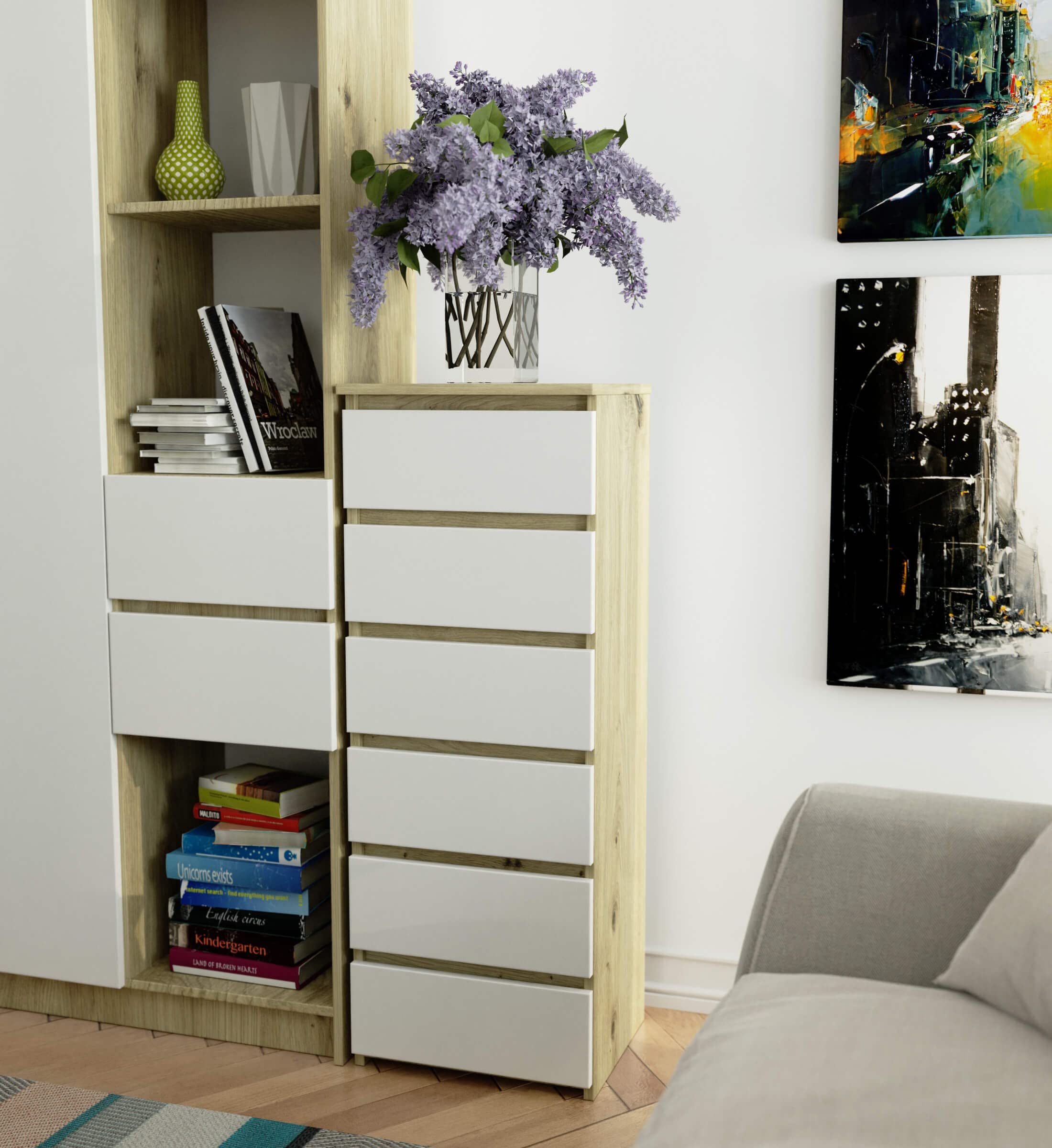 AKORD Commode CL6 40 cm | 6 laden | kast | voor de woonkamer | voor de slaapkamer | B40 x H109 x D35 cm | Gewicht 25,5 kg | Wit/Sonoma Eiken