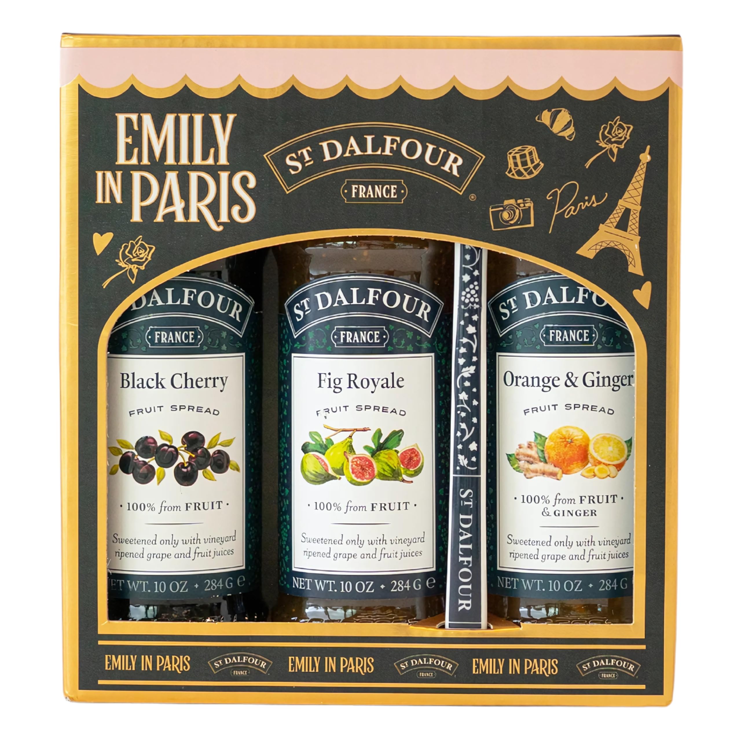 St. Dalfour Confezione Regalo – Edizione Emily in Paris – 100% frutta, senza zuccheri aggiunti, senza glutine – 3x284g (Fragola/Lampone/Ciliegie) (Ciliegie, Fichi, Arancia-Zenzero)