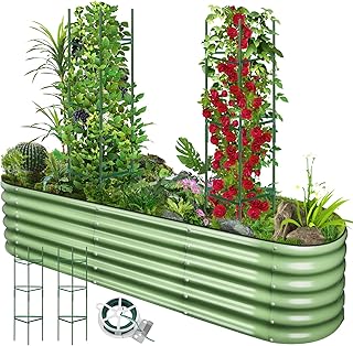 Kalolary 8x2x1.4 FT Raised Garden Beds with Trellis, 12 Shapes Metal Large Bottomless Raised Bed with Trellis Anti-Rust Coating Planter Box with Safety Edging for Vegetables Flowers Fruits Outdoor