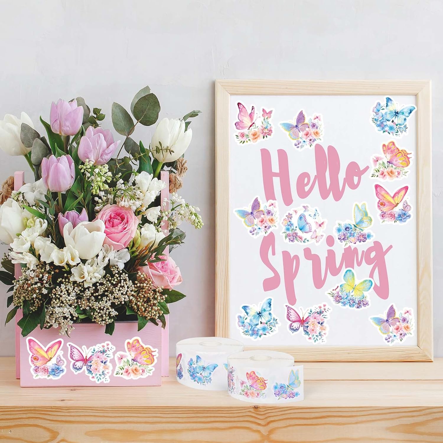 Whaline 1600Pcs Butterfly Flower Stickers Roll Spring Floral Paper Decals 9 Designs Watercolor Self-Adhesive Decorative Stickers for Envelope Scrapbook Decor Party Supplies, 2 Rolls