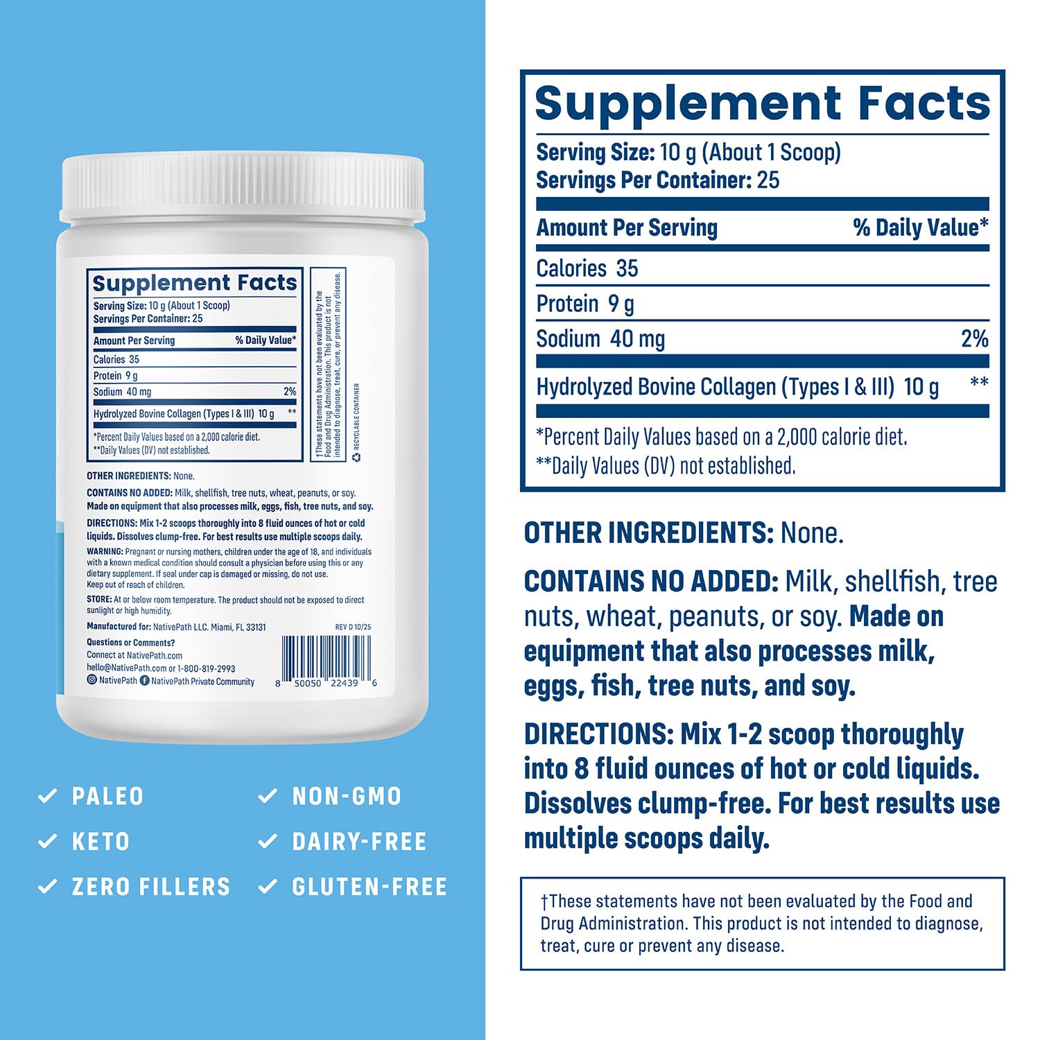 NativePath Collagen Peptides - Hydrolyzed Type 1 & 3 Collagen Powder for Skin, Hair, Nails - 8.8 oz (25 Servings) — Amazon image 6
