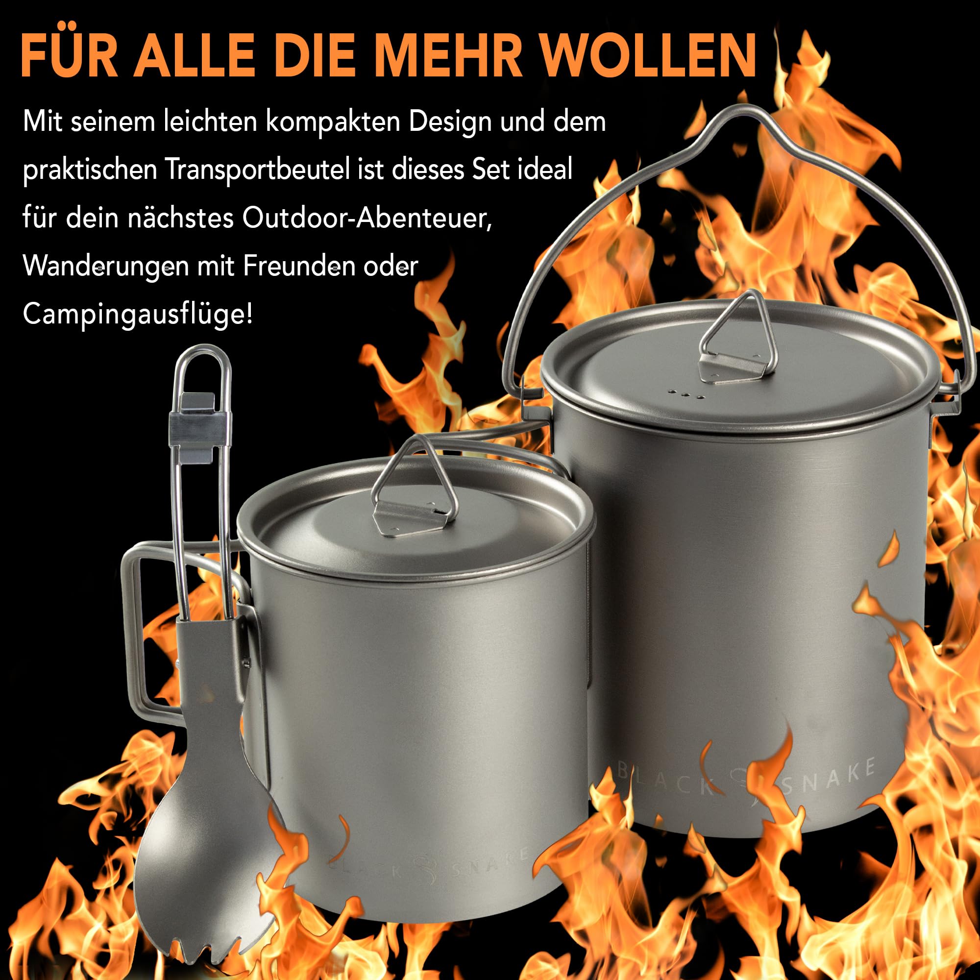 Black Snake Campinggeschirr Set aus Titan - 3-teilig & Ultraleicht - mit 750 ml Topf, 420 ml Topf & Göffel - kompakt verstaubar inkl. Beutel