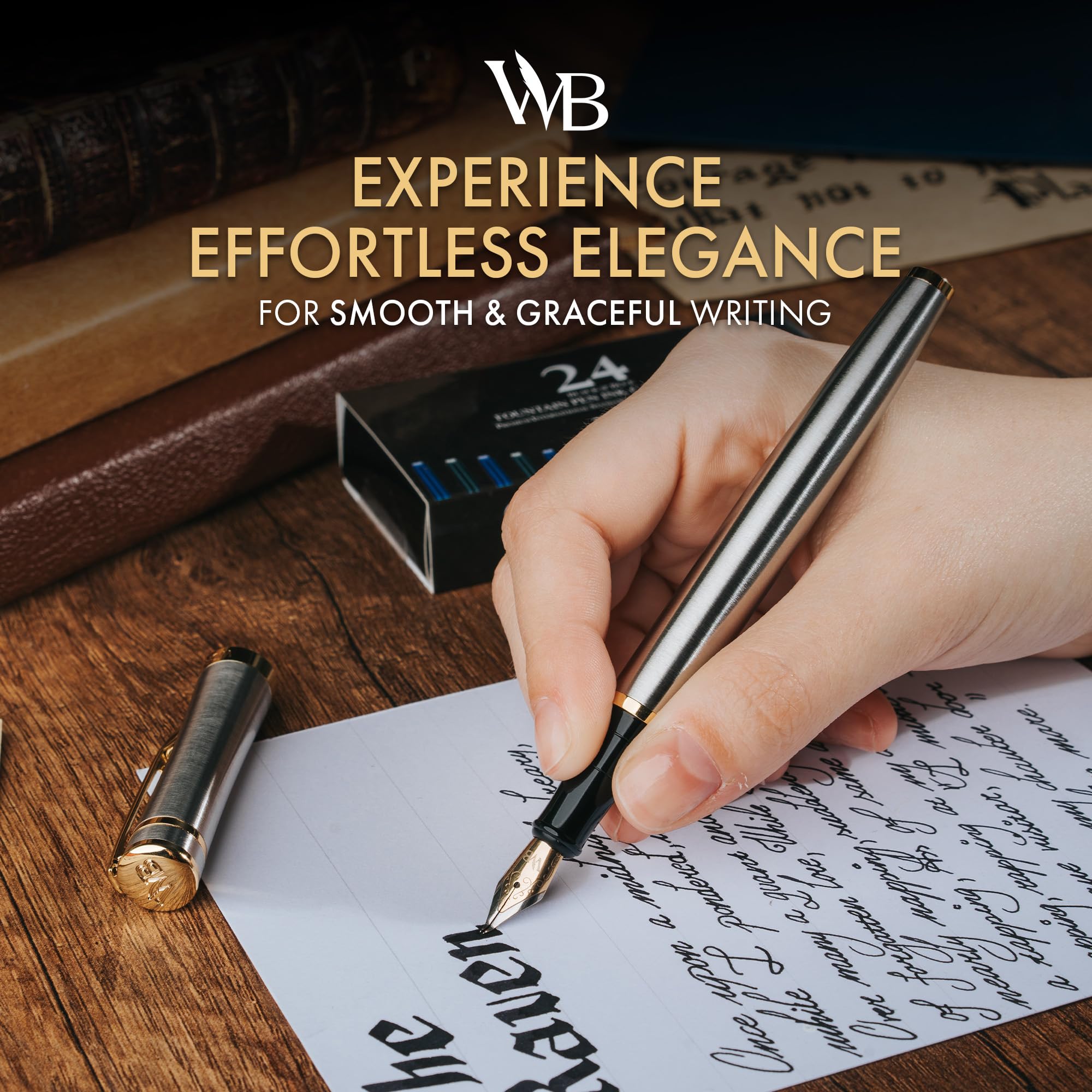Wordsworth & Black Fountain Pen Set, 18K Gilded Bent Nib, Includes 24 Pack Ink Cartridges, Ink Refill Converter & Gift Box - Image 2