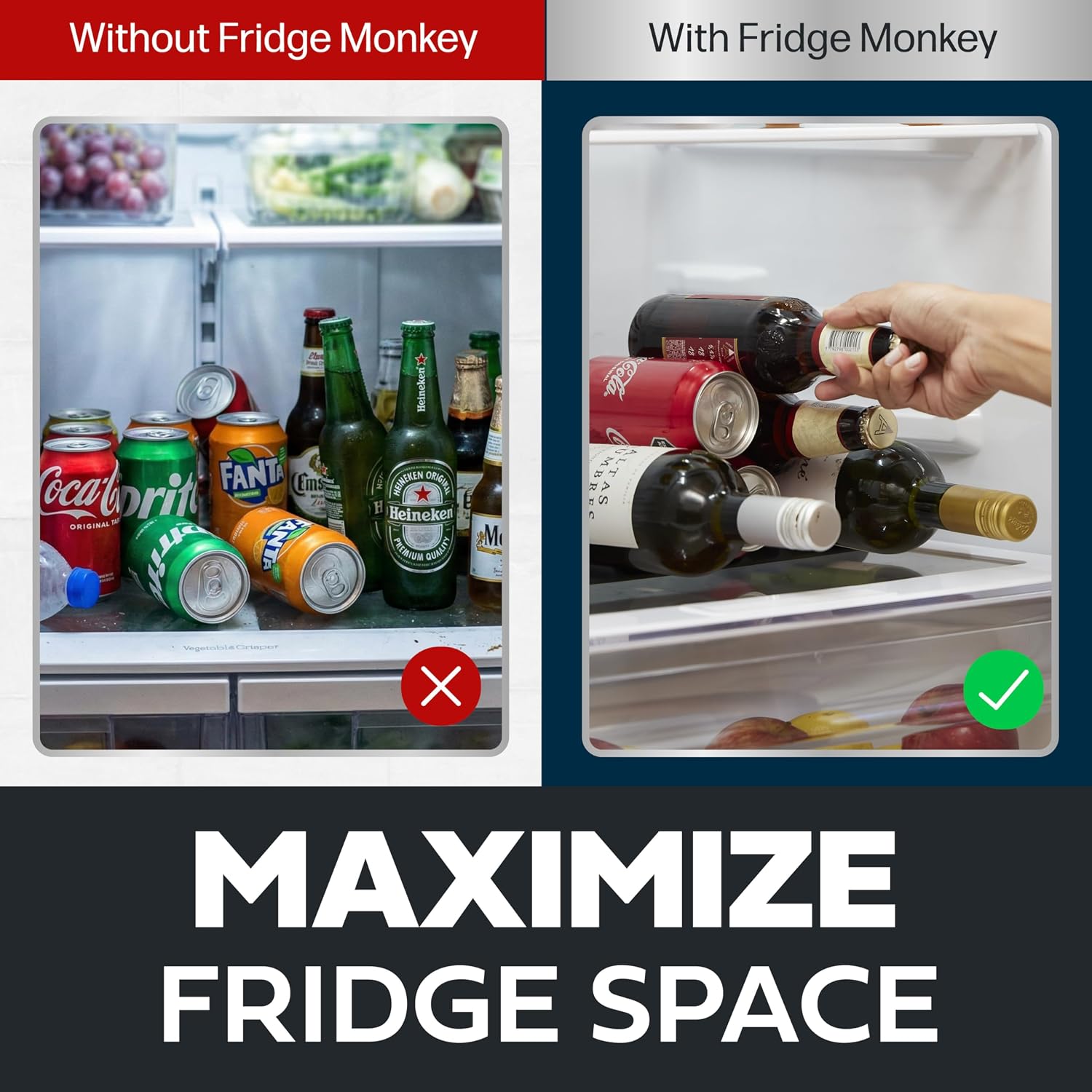Cooks Innovations Drink Organizer for Fridge, 2 Pack Soda Can Refrigerator Organizers and Storage, Beer-Wine-Water Bottle Holder, Fridge Monkey - Durable Non-Slip & Roll image 5