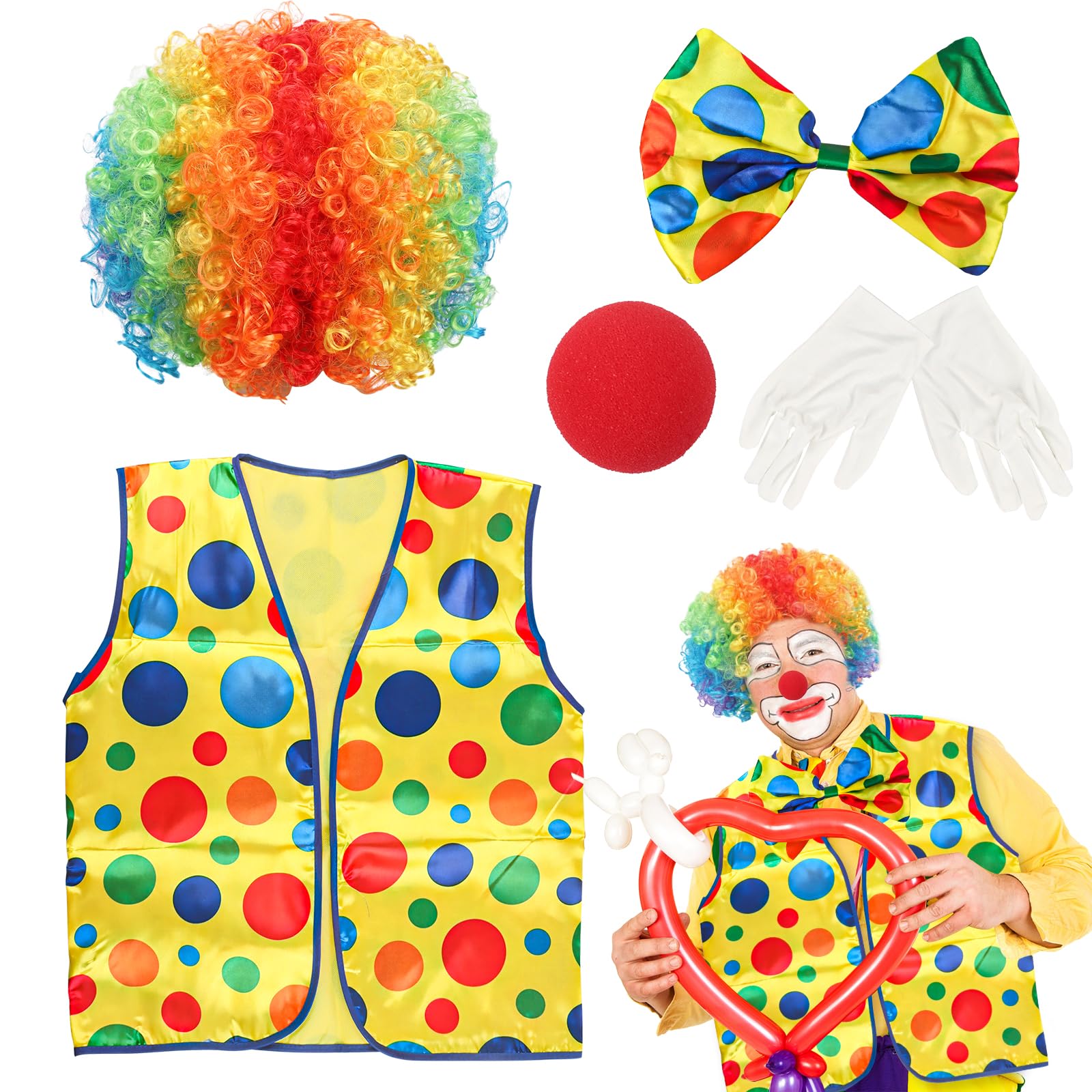 Disfraz de payaso para adultos, disfraz de payaso de circo, con peluca, nariz, guantes, corbata, chaleco, para Halloween, carnaval, circo, fiesta, accesorio