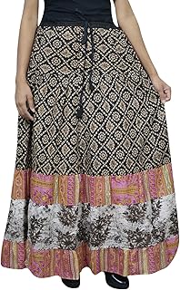 Mogul Interior Women Maxi Skirt Black Printed Cotton Beach Gypsy Hippie Long Skirt L