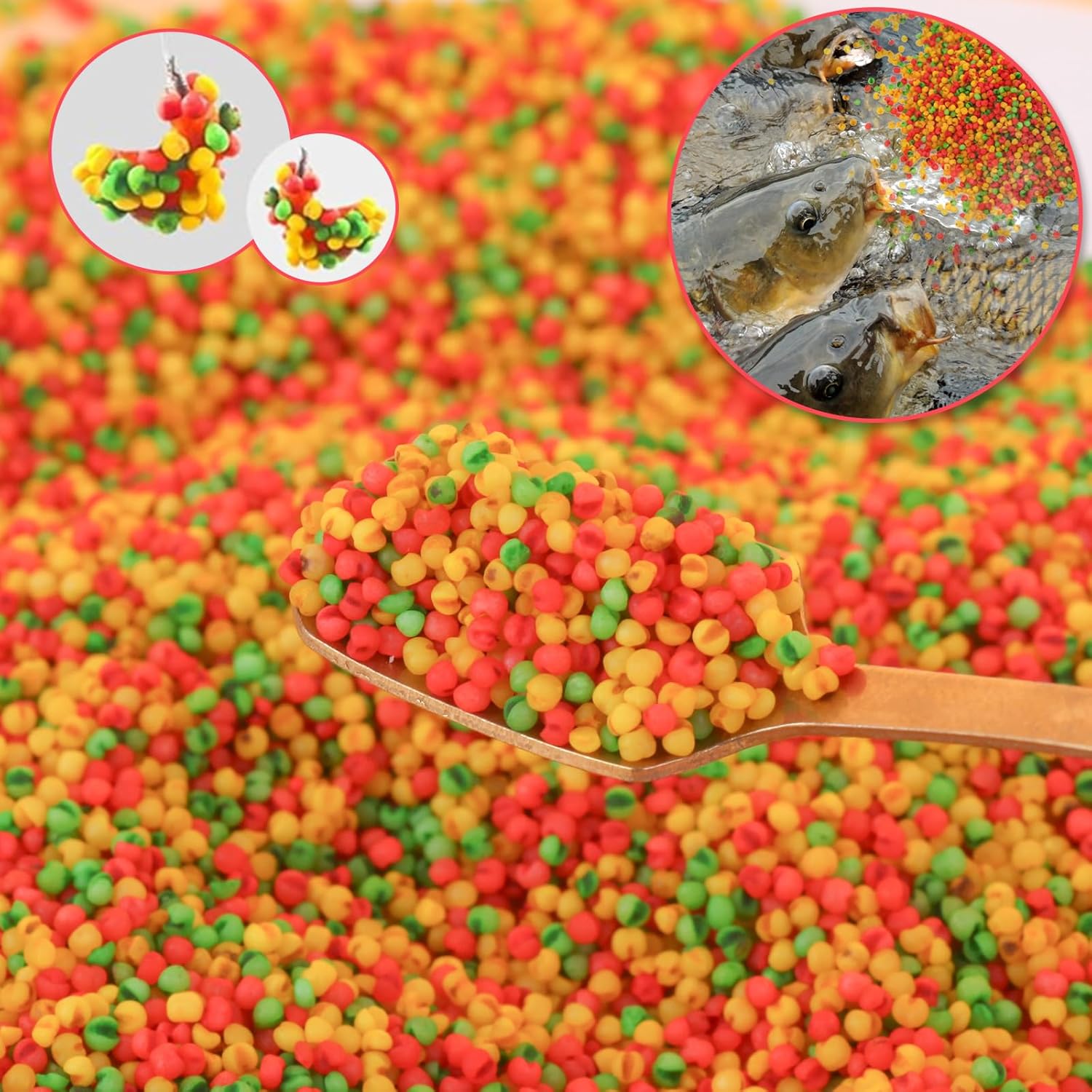 Close-up of small, colorful bait pellets.
