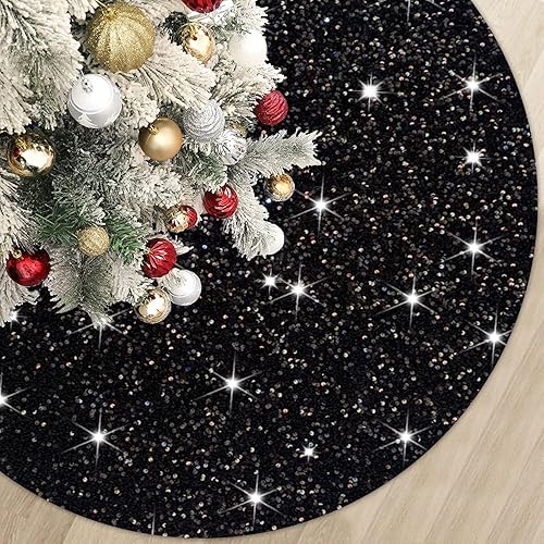 Black Tree Skirt Christmas 21 Inch Decorated Sequin Tree Skirt Velvet Xmas Tree Mat Soft Thick Tree Cover Base Sparkling Small Skirt for Artificial Trees Halloween Supply for Home Family Decorations
