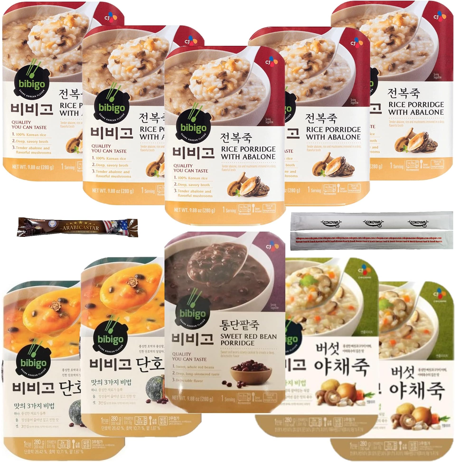 BIBIGO Korean Porridge Combo - Avalon Rice (180ml x 5), Sweet Pumpkin(180ml x 2), Mushroom & Vegetable(180ml x 2), and Sweet Red Bean(180ml x 1) Combo (10 Combo)