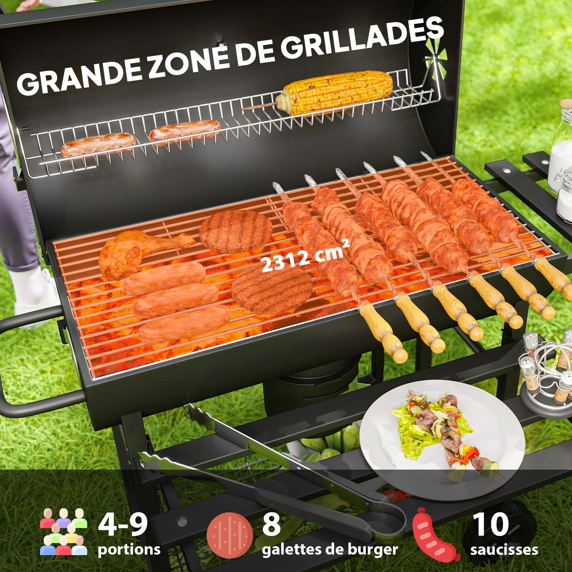 Outsunny Barbecue charbon de bois avec tablette avant pliable, grand barbecue au charbon de bois avec tablette inférieure, grille de cuisson, couvercle avec thermomètre et 2 roues, noir