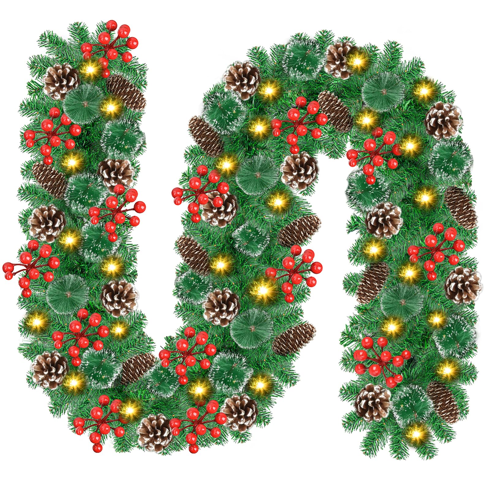 Christmas Garland Decorations, 9FT Christmas Garland with Lights Pre-lit Artificial Garland for Stair Decoration with Pinecones, Spruce, Berry Clusters for Indoor Fireplace, Railings Outdoor Decor