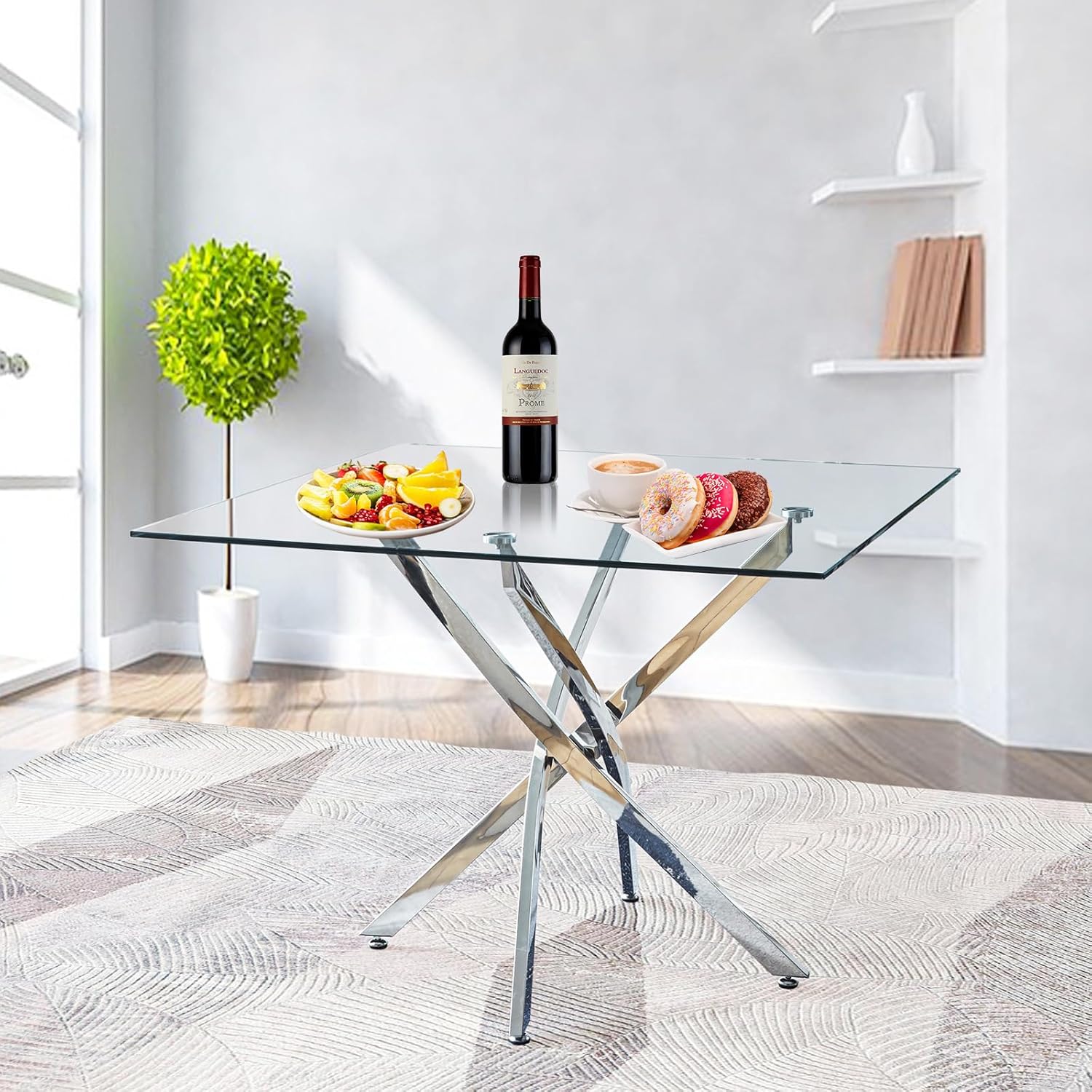 36” Square Glass Coffee Table, Upgraded Tempered Glass Table, Modern Dining Room Table with Sturdy Silvery Metal Legs & Anti-Slip Feet for Coffee Kitchen Dining Room 36”(L)*36”(W)*30.2”(H)