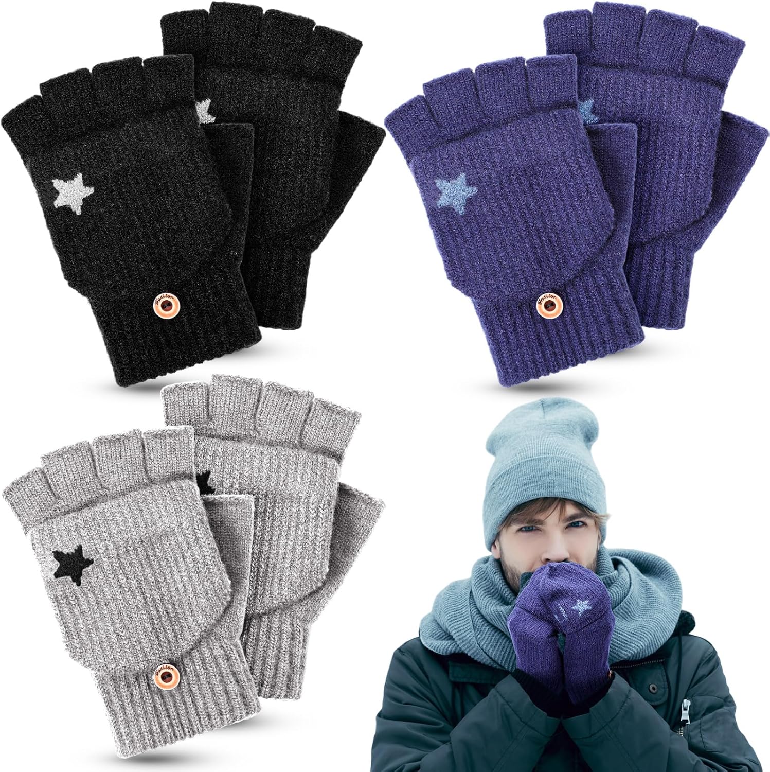 サーマルニットコンバーチブルミトン 3ペア 男女兼用 暖かい冬用ニットコンバーチブルフィンガーレスグローブ