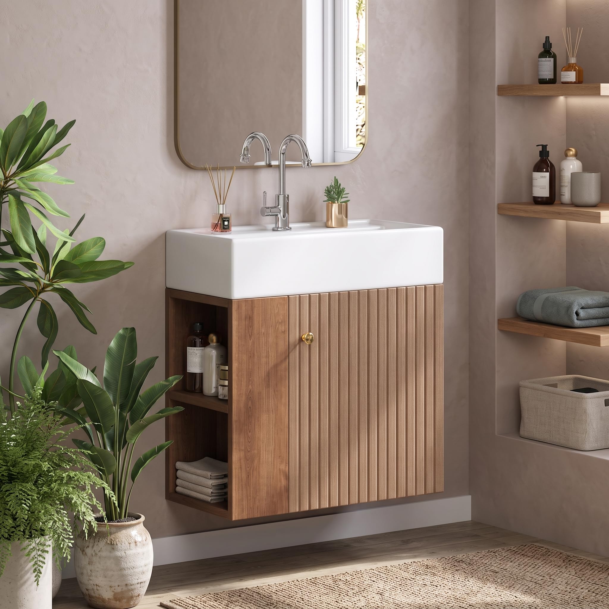 Lavabo de baño para invitados de 55 cm con armario bajo colgado en color marrón