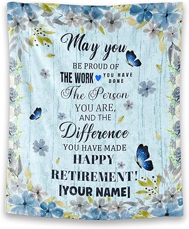Custom Retirement Throw Blanket - Soft, Fuzzy & Warm - 40x50 Inches Flannel Blankets for Women, Men - Light Blue Modern Throws Farewell Gift for Coworker