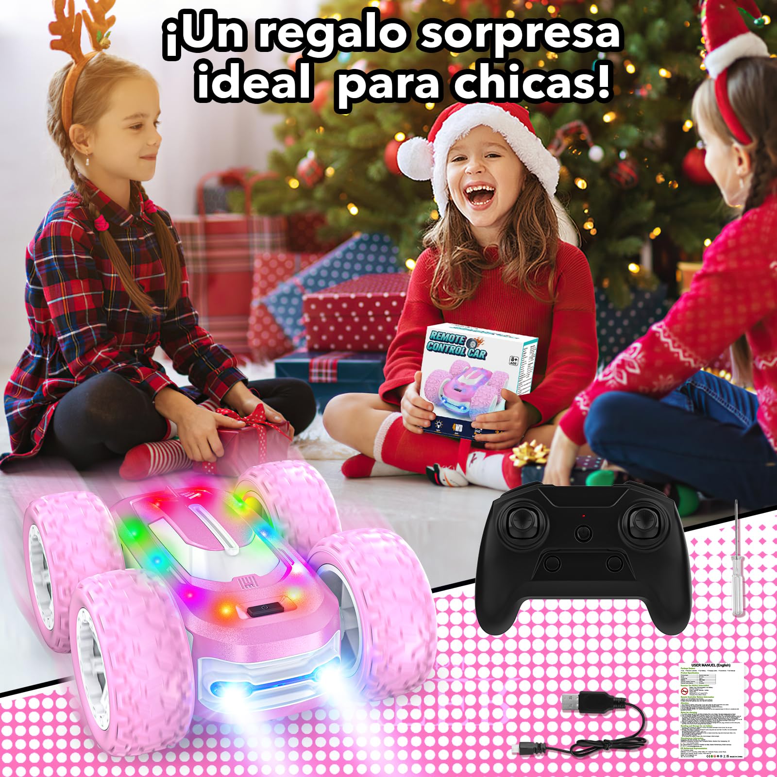 Coche Teledirigido Niña, Carro Telecomandado Coches Acrobatico Juguete Niñas 8-12 años,Coche Radiocontrol con Bateria, Rotación 360° y Luz,Rosa RC remote Car Cumpleaños Navidad Regalo para Niñas Niños