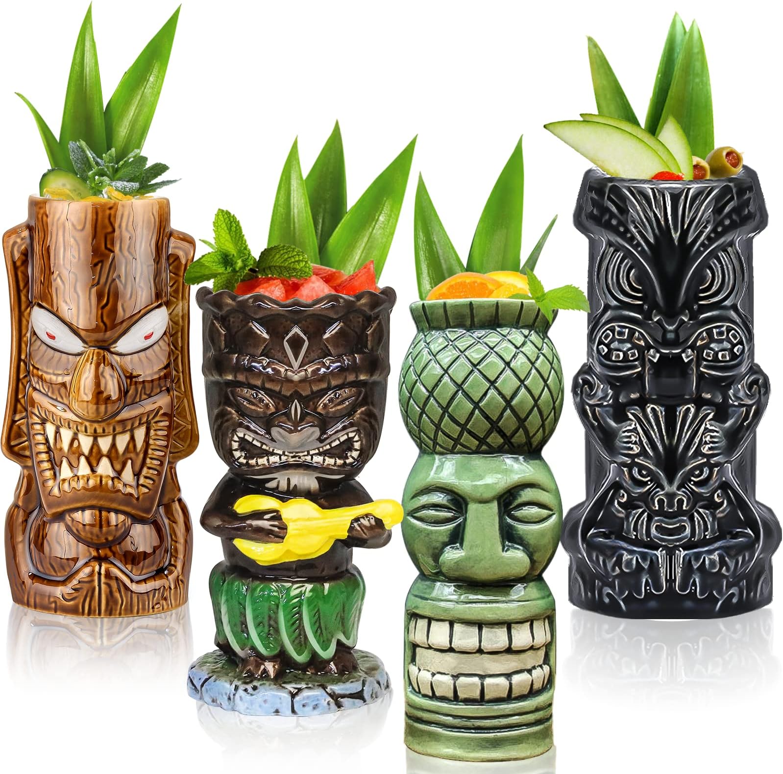 Tiki Mugs Glasses Tiki Mug for Cocktails Set of 4 Large Ceramic Tropical Cups Hawaiian Tiki Party Creative Cocktail Glass Drinks Bar Drinkware Premium Tropical Exotic Cute Barware 4 Packs