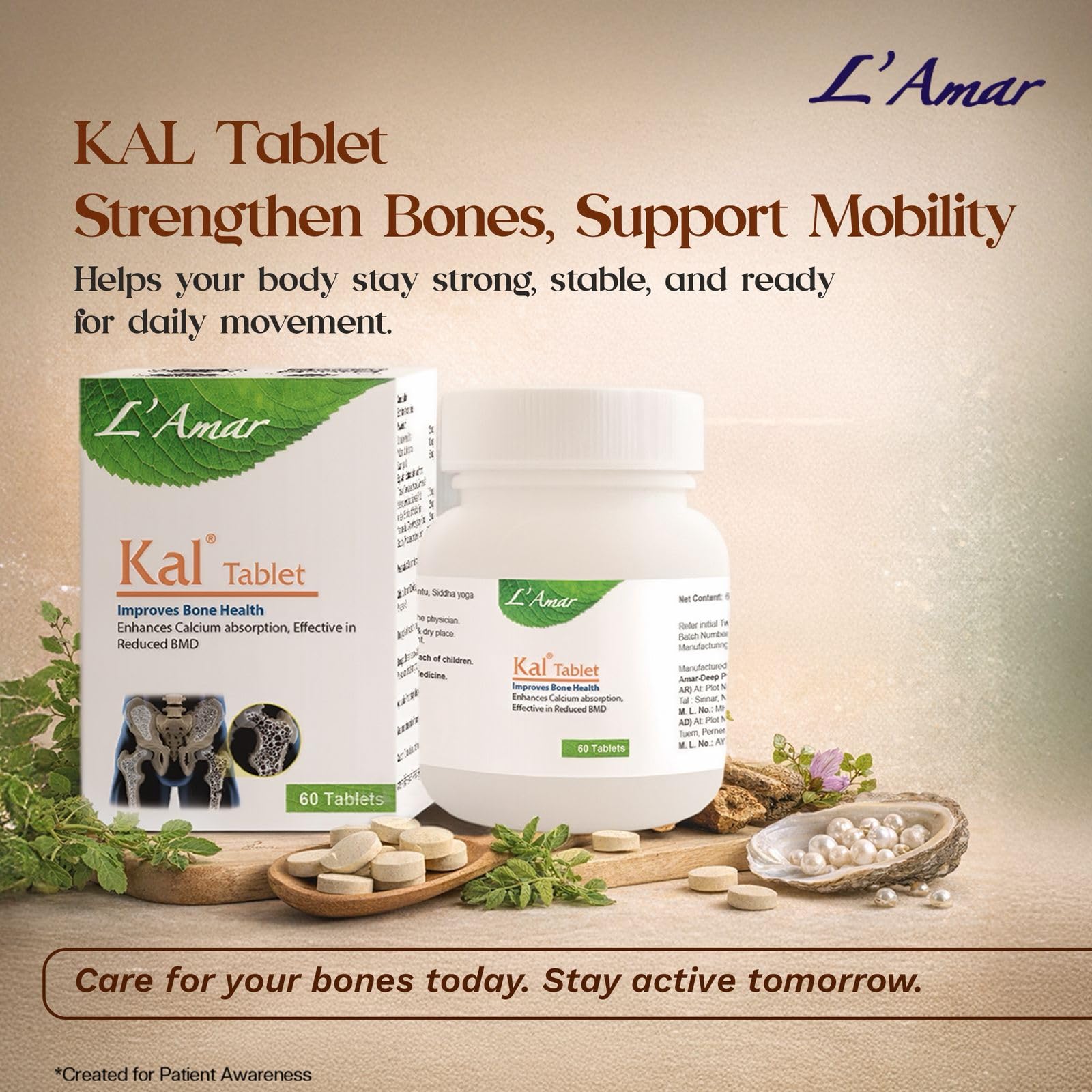 L’Amar KAL Ayurvedic Tablets for Bone Health – 60 Tablets (Pack of 3) | Natural Calcium Supplement for Bone Strength, Post-Menopausal Support, BMD & Joint Care 2