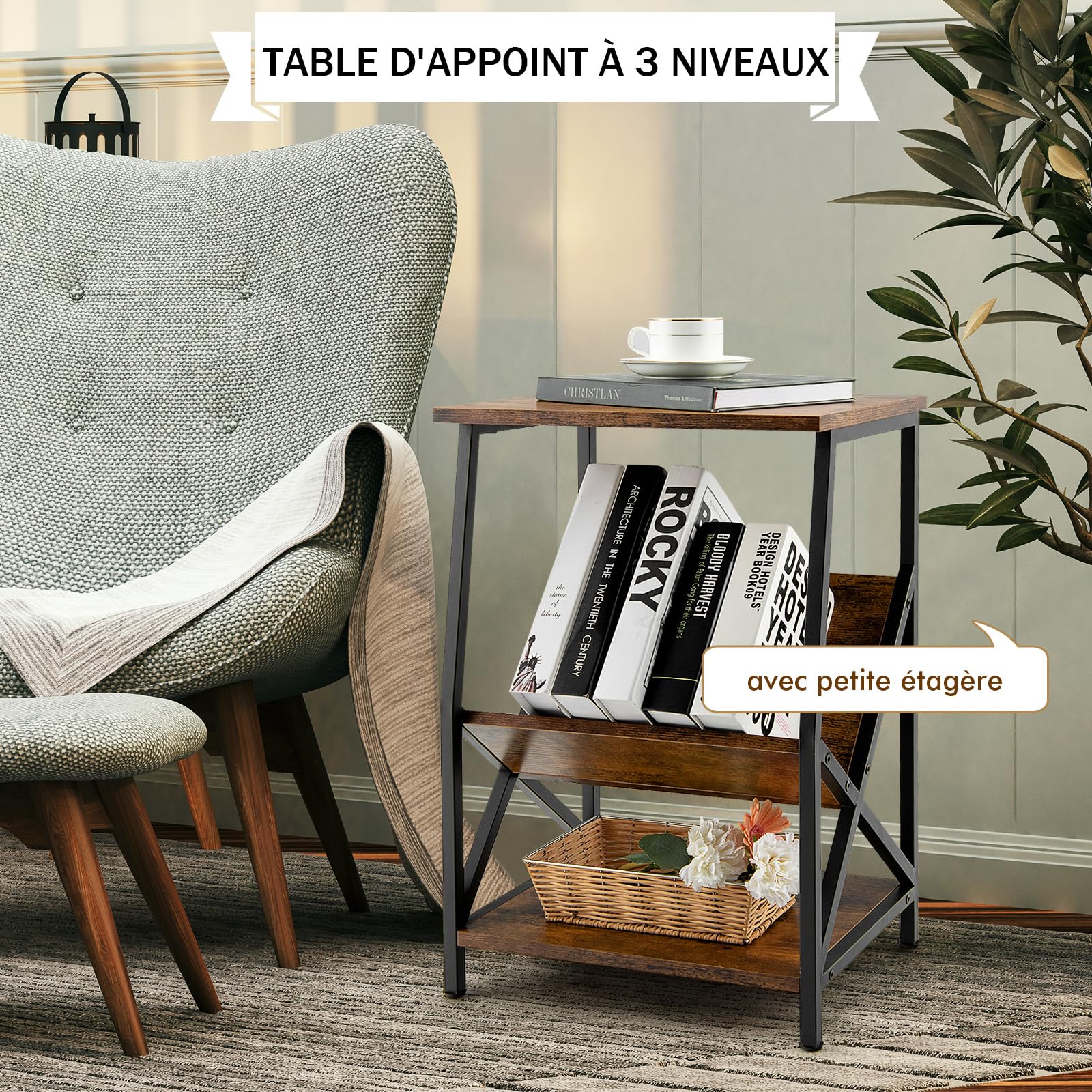 COSTWAY Table d'Appoint Industriel 3 Niveaux avec Porte-revues en Métal