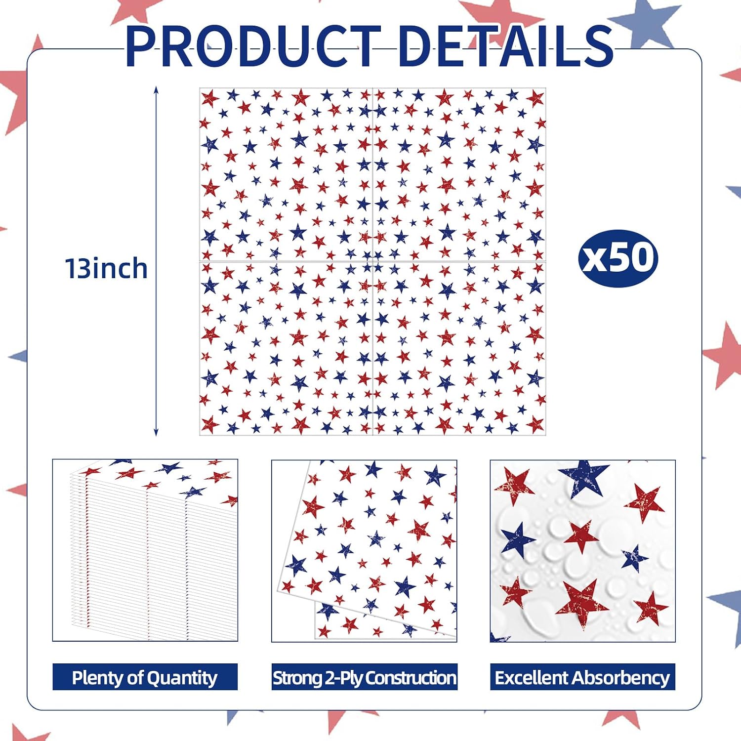 50 Pcs Patriotic Star Paper Napkins, 13x13 Inches Unfolded – Disposable Red White Blue 4th of July Napkins for Independence Day, Memorial Day, Veterans Day, and Patriotic Party Table Decorations