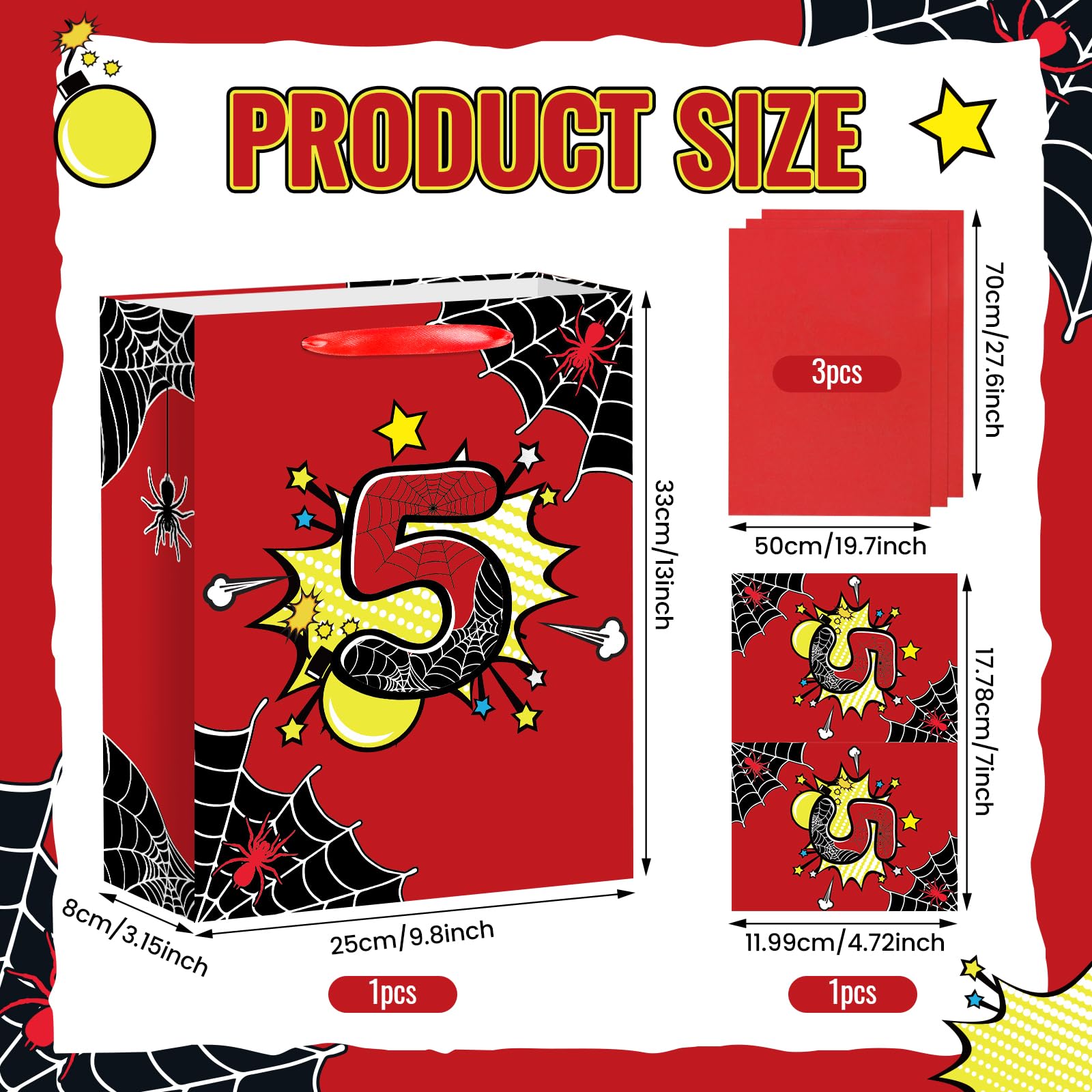 Spider 5th Birthday Gift Bag with Tissue Paper and Card Black Red Spider Web Birthday Gift Wrapping Paper Bag 5 Years Old Treat Candy Bags with Handle for Kids Baby Shower Bday Party Decorations