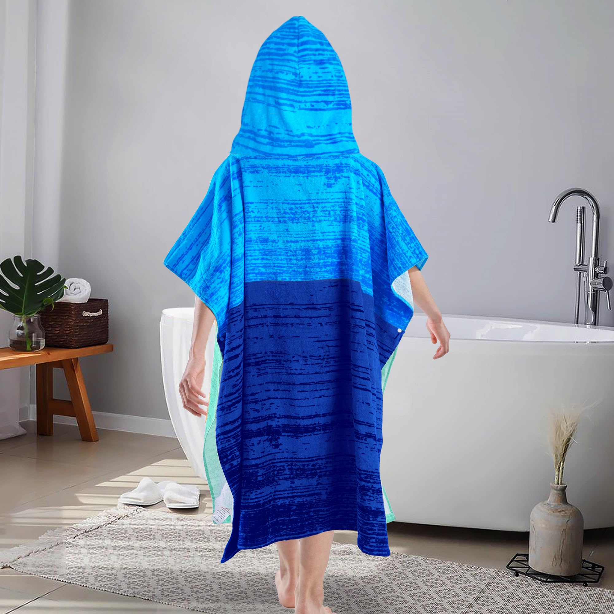 VOOVA & MOVAS Poncho-Handtuch für Jugendliche (8–16 Jahre), weiche, saugfähige Baumwolle, Kapuzenhandtuch, Bademantel, vielseitiger Strand-, Pool-, Schwimm- und Badevertuschung, Blau und Aquamarin