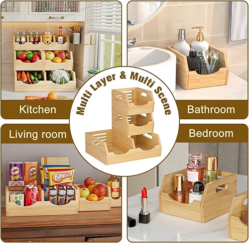 Miniatura 7 de Contenedores de almacenamiento de despensa de bambú de 3 niveles mejorados, contenedor de almacenamiento apilable para papas y cebollas, cestas de