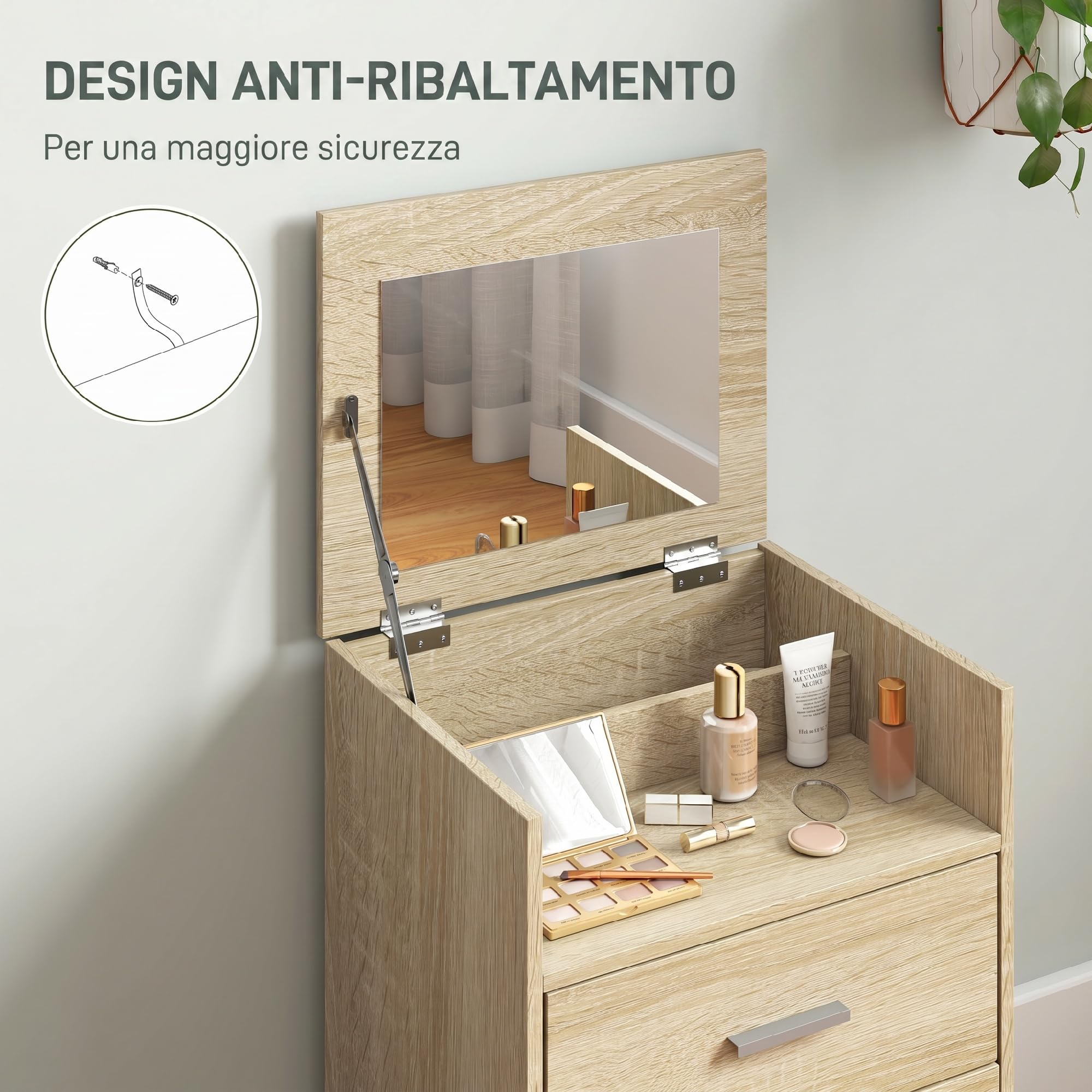 HOMCOM Postazione Trucco con Specchio a Ribalta, Sgabello a Scomparsa con Ruote, Toeletta Trucco con Sgabello, Cassetti, Cuscino in Effetto Lino Staccabile Lavabile, Scomparti, Salvaspazio, Naturale