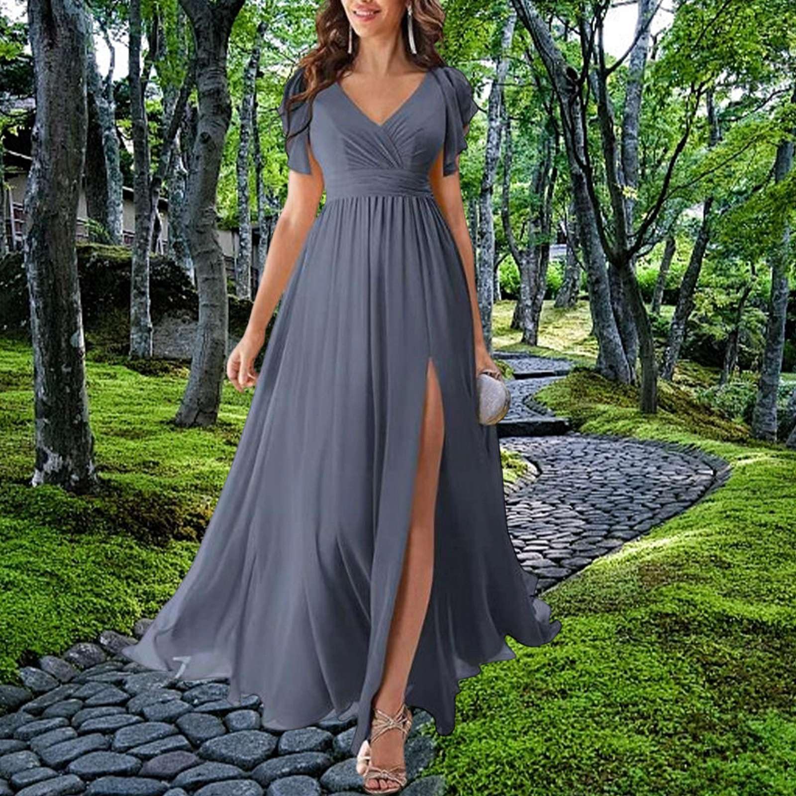 Generisch Kleid Hochzeitsgast Damen - Elegant Lang Chiffon Brautjungfernkleid V-Ausschnitt Schlitz Abendkleid Fließend Abendkleid Curvy Ballkleider Luftig Maxikleid Tailliert Feminin Cocktailkleid